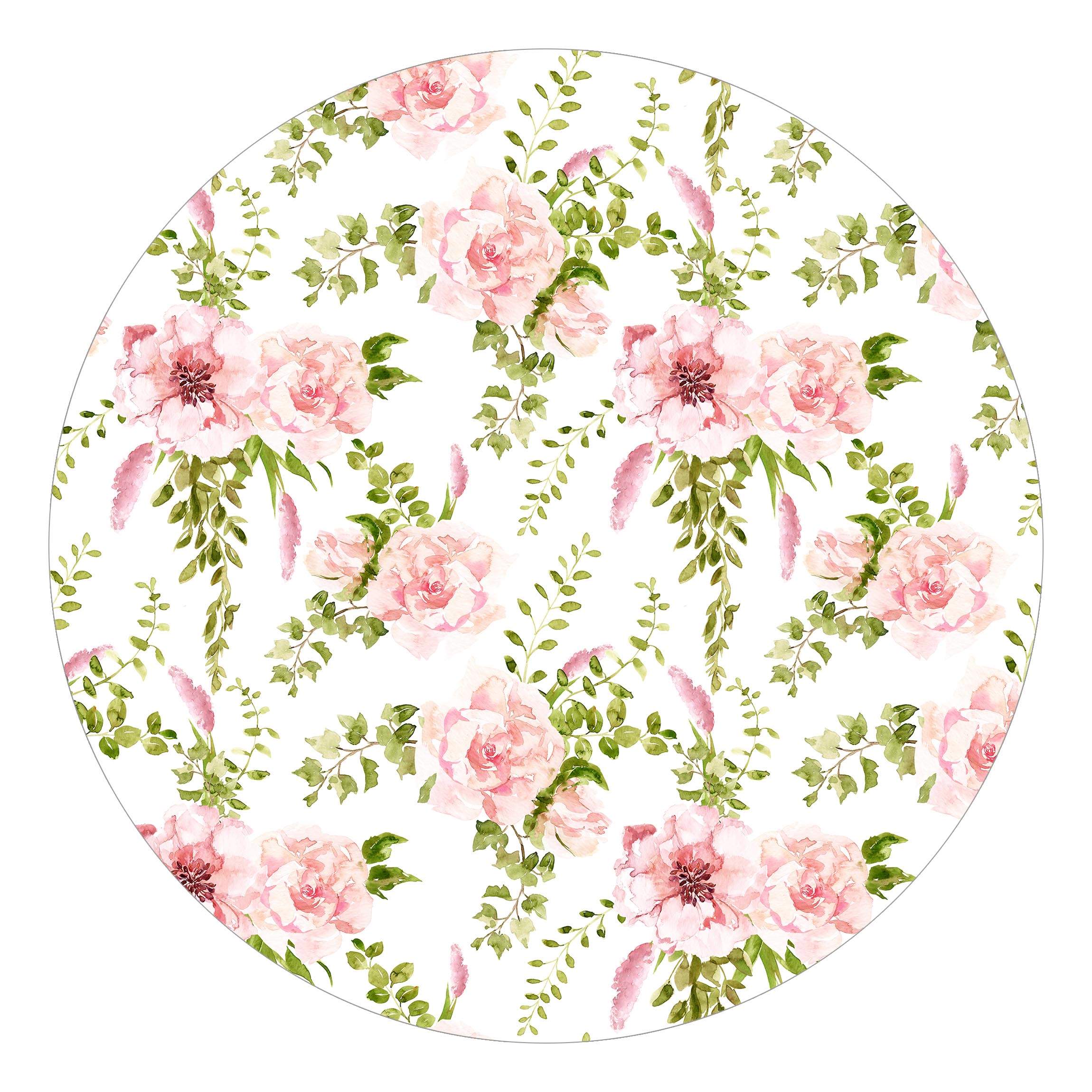 Runde Mustertapete Grüne Blätter mit Rosa Blüten in Aquarell