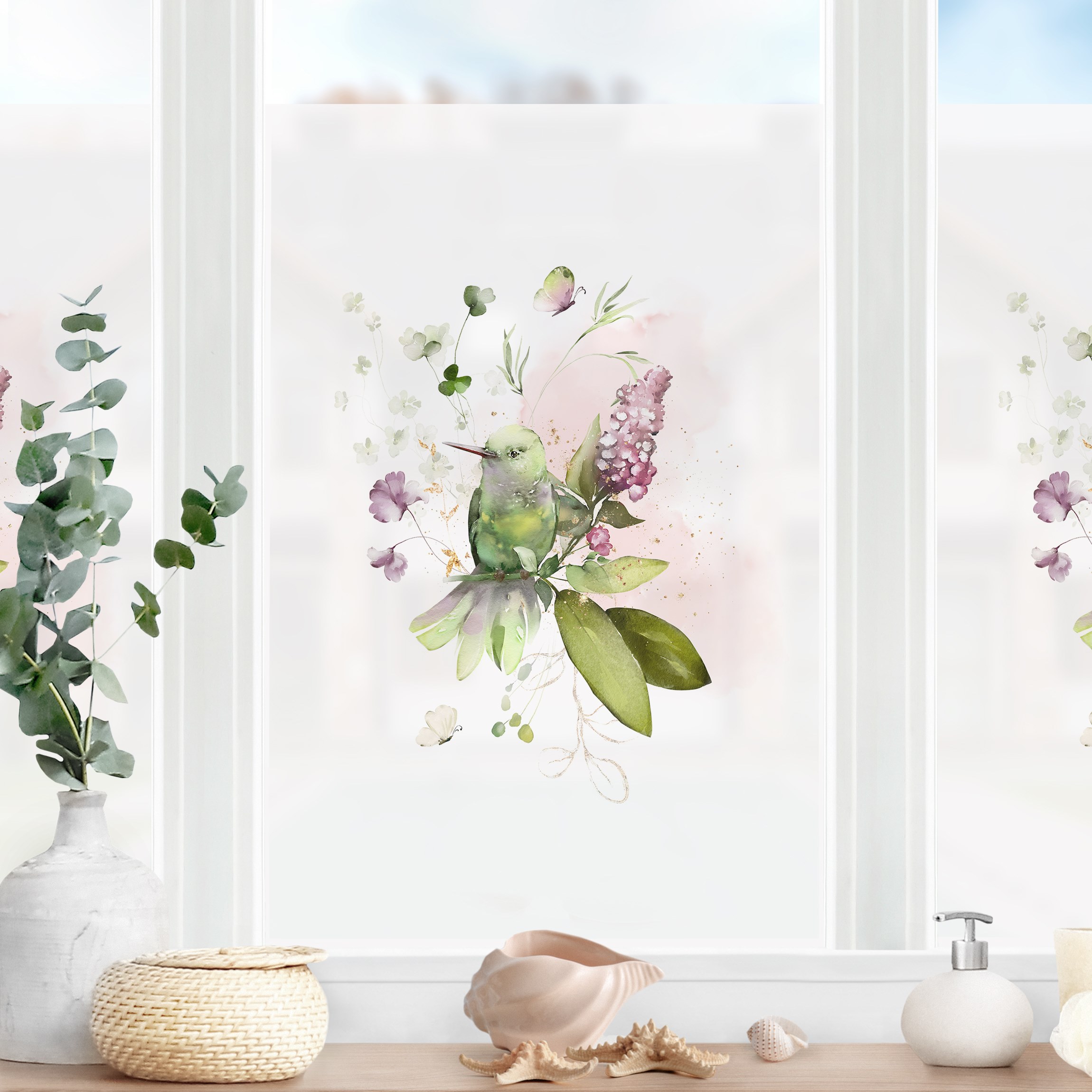 Fensterfolie Grüner Vogel mit Blüten