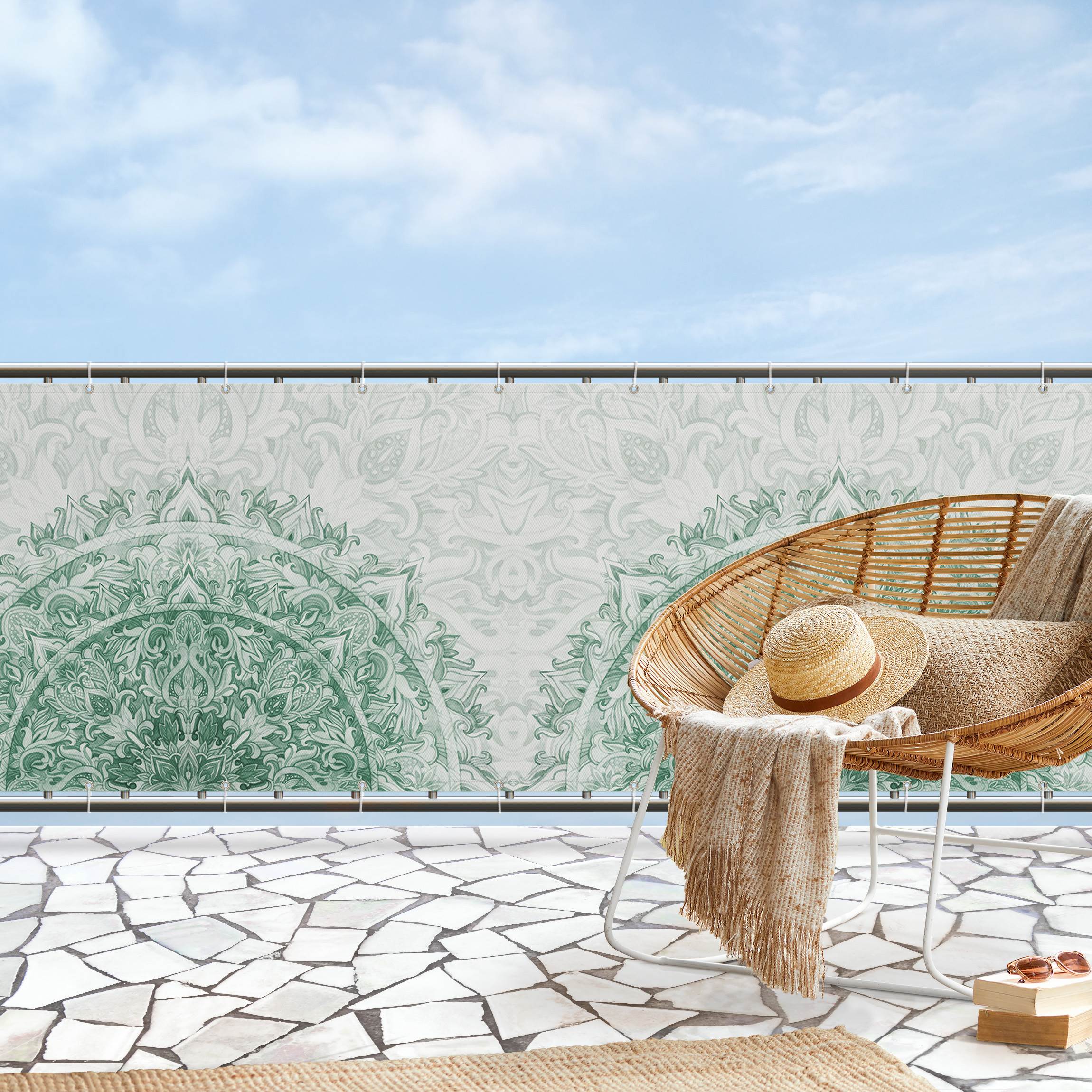 Balkon Sichtschutz Grünes Mandala Aquarell Ornament halbkreis