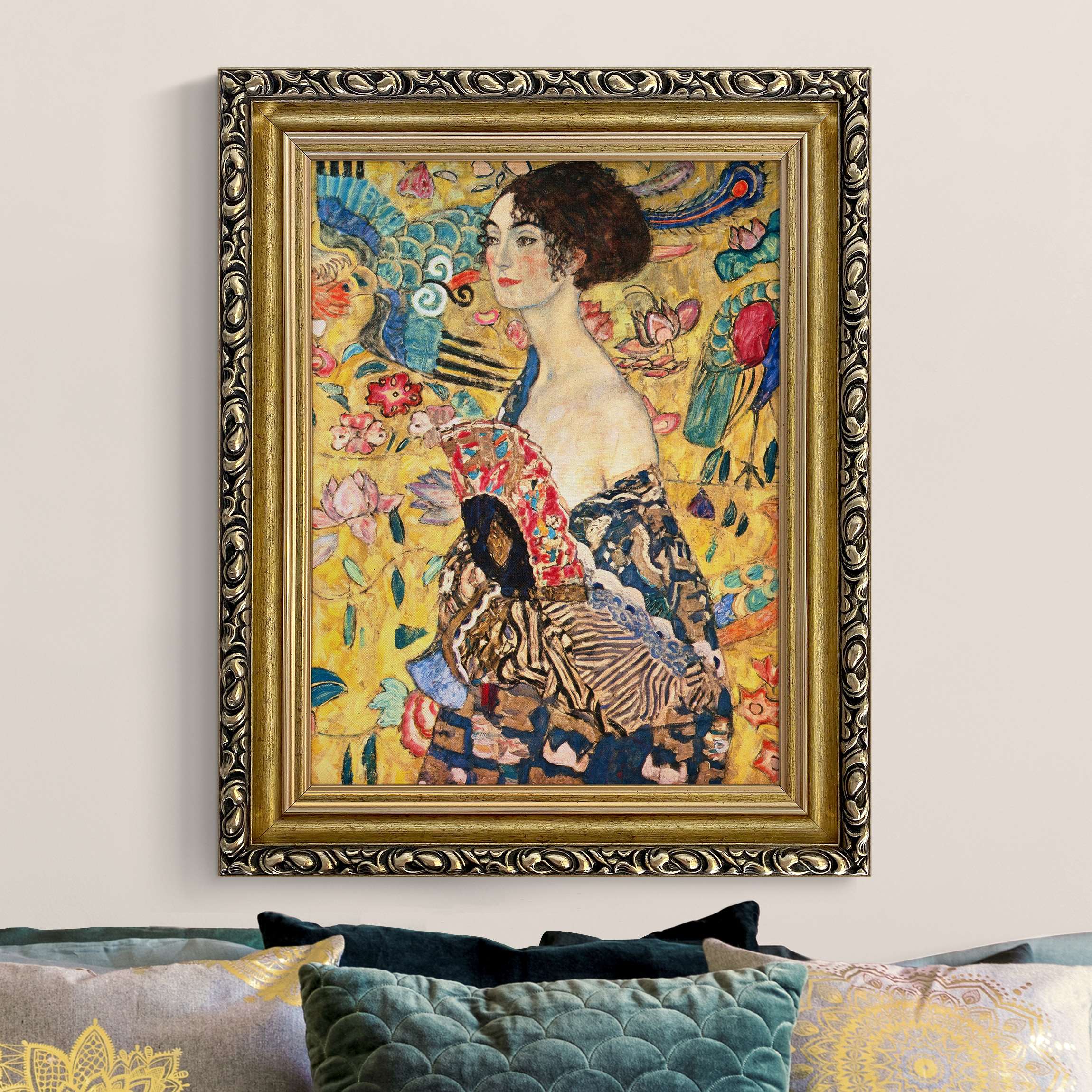 Leinwandbild mit Barockrahmen Gustav Klimt - Dame mit Fächer
