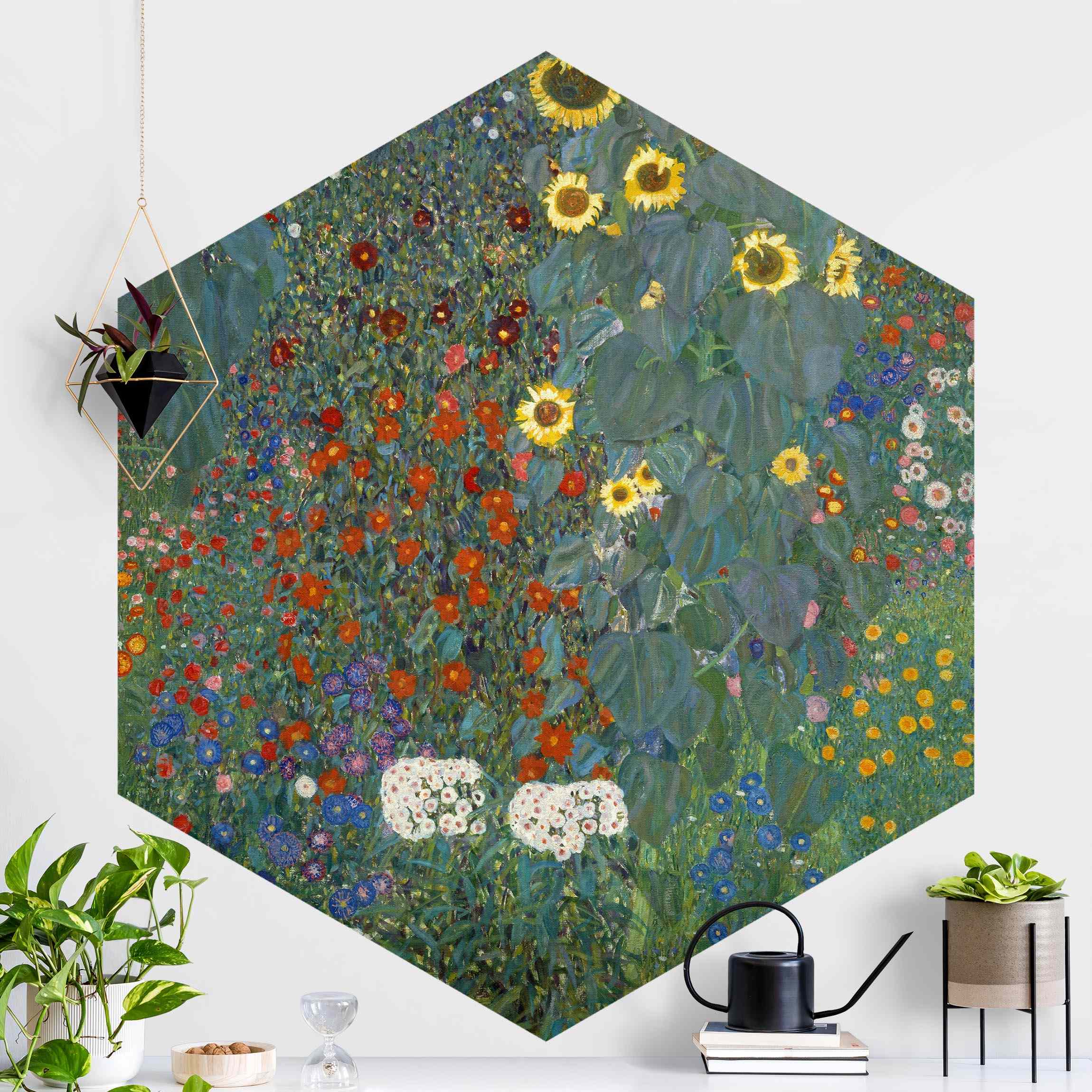 Hexagon Fototapete selbstklebend Gustav Klimt - Garten Sonnenblumen