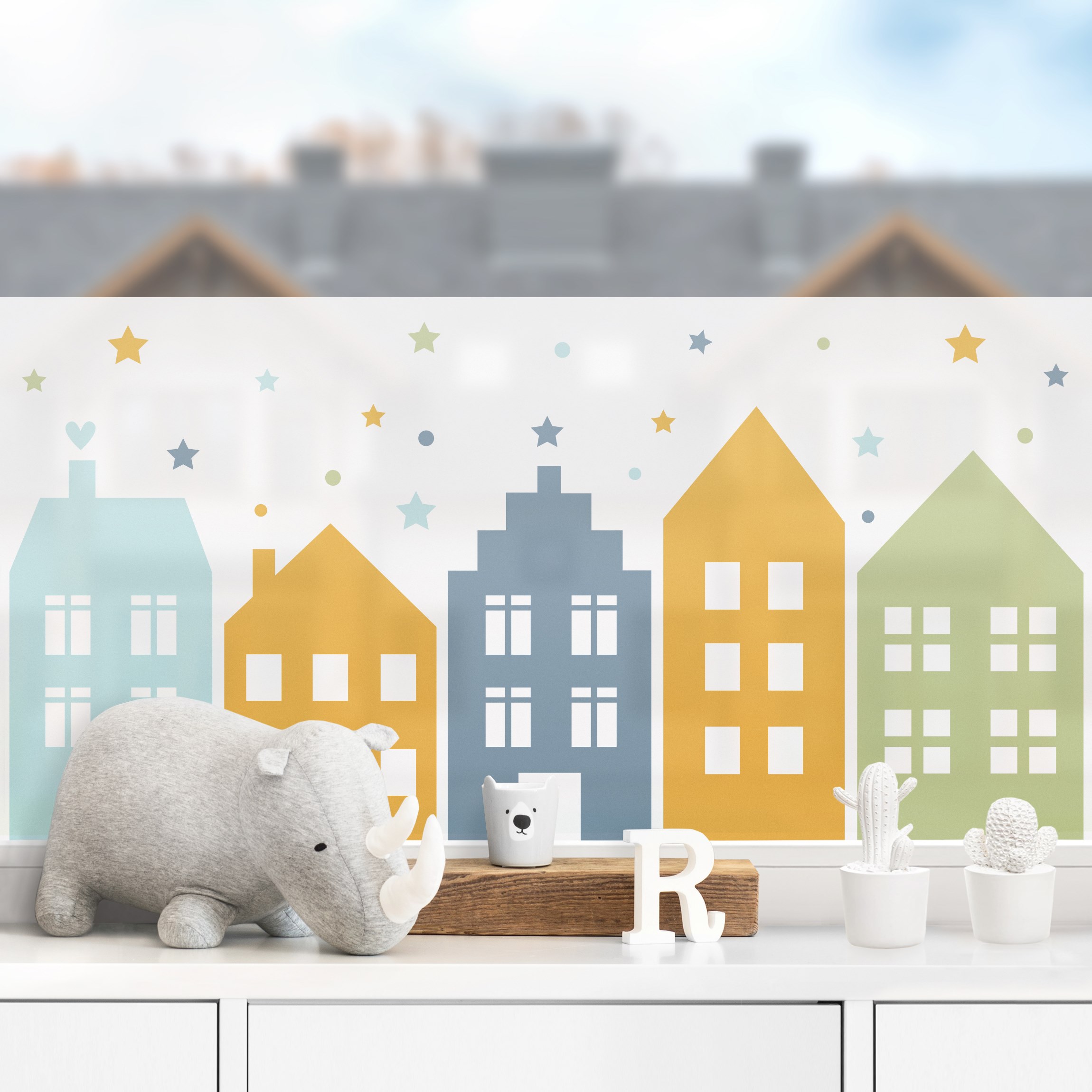 Fensterfolie Häuser und Sterne Blau Grün