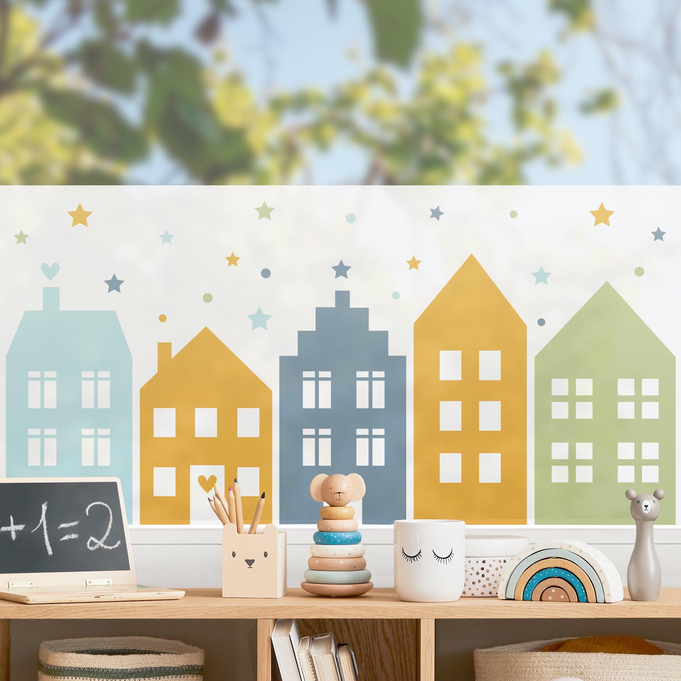 Fensterfolie Häuser und Sterne Blau Grün