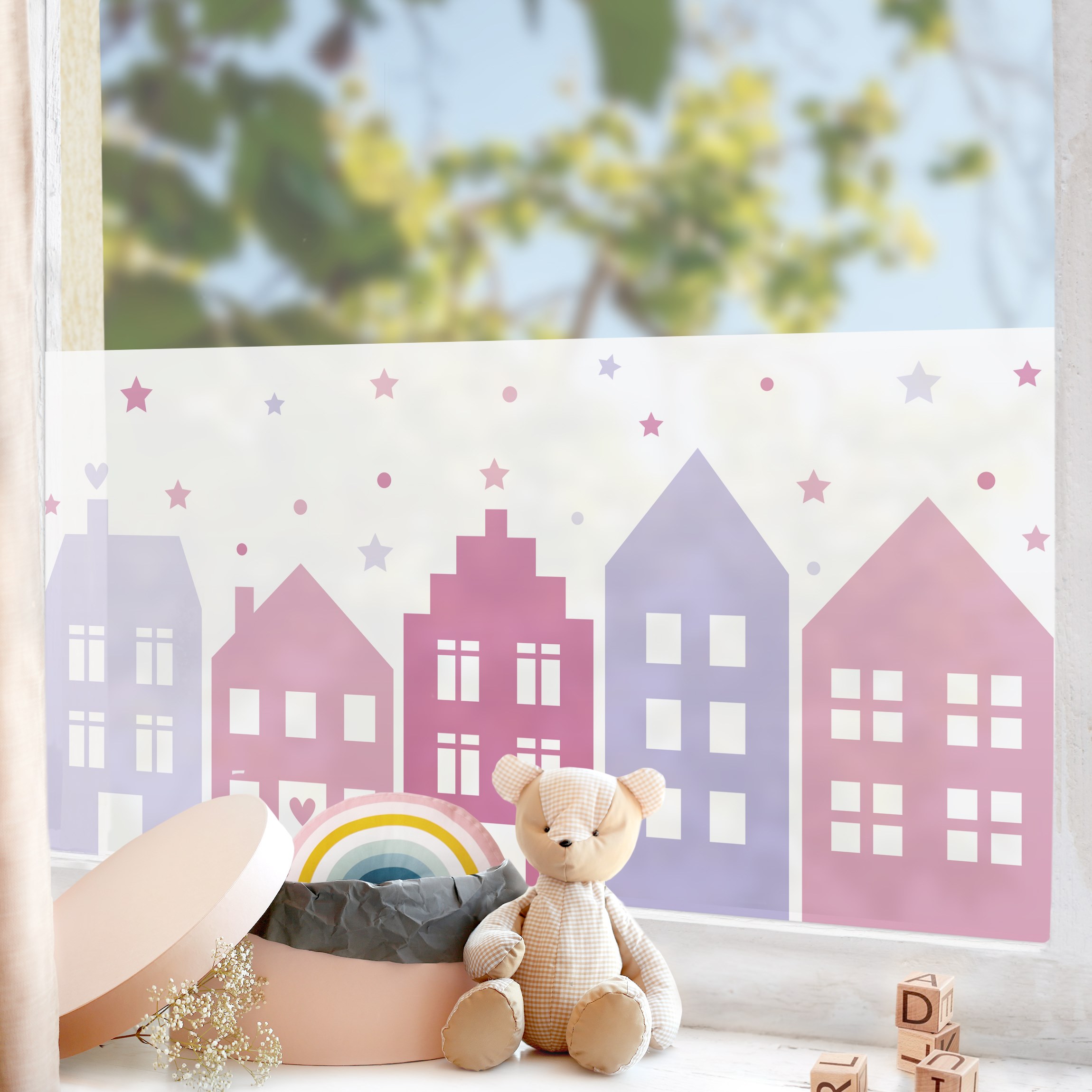 Fensterfolie Häuser und Sterne Pink Violett