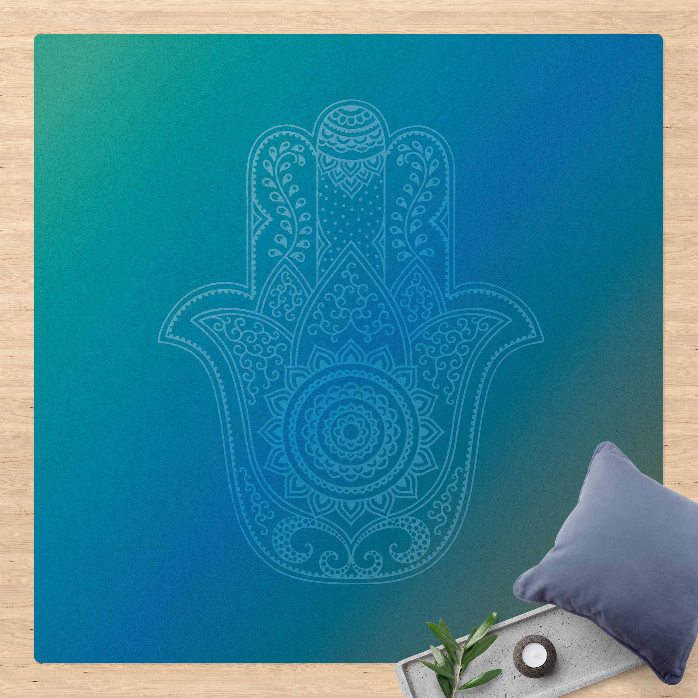 Kork-Teppich Hamsa Hand Illustration Blau