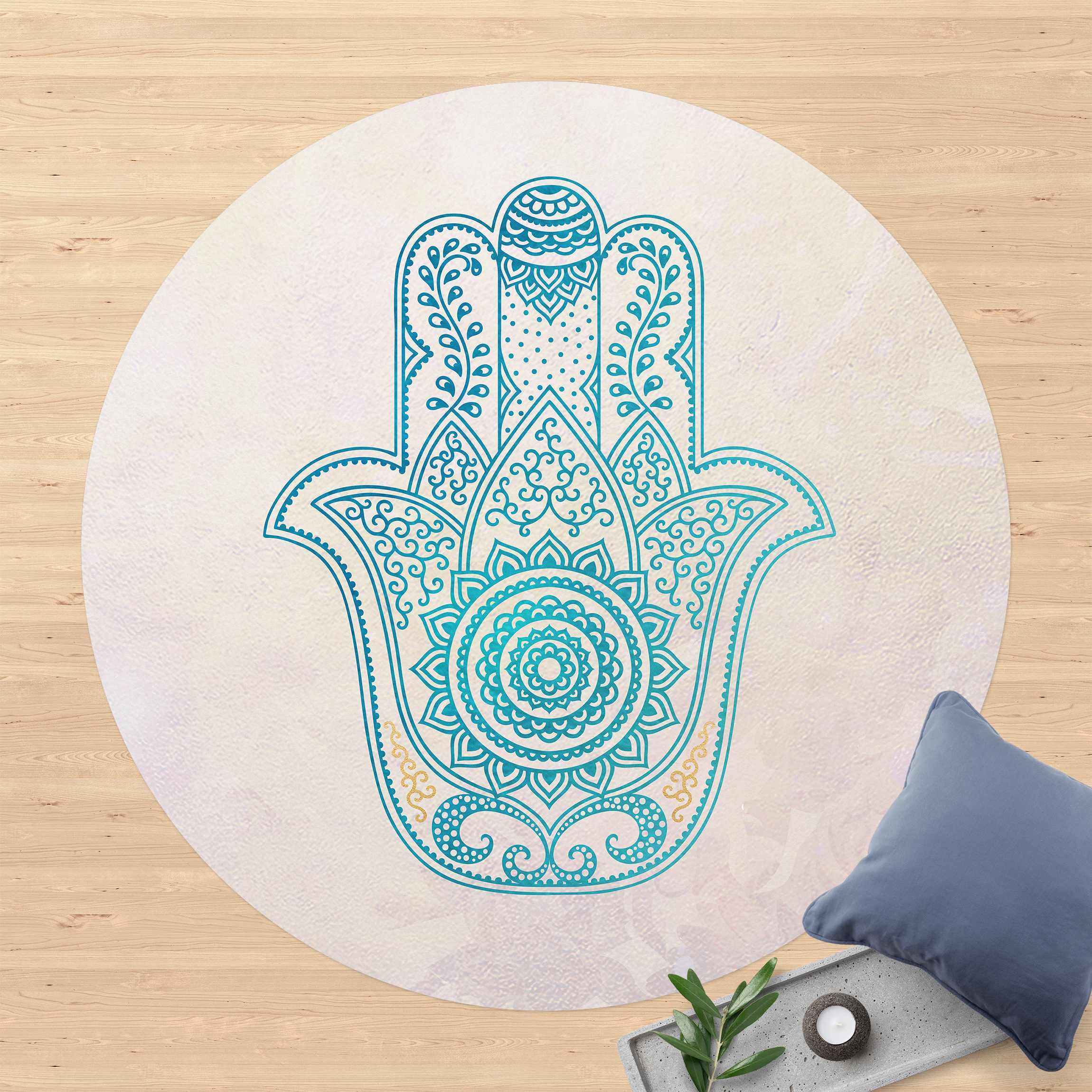 Runder Vinyl-Teppich Hamsa Hand Illustration Mandala gold blau