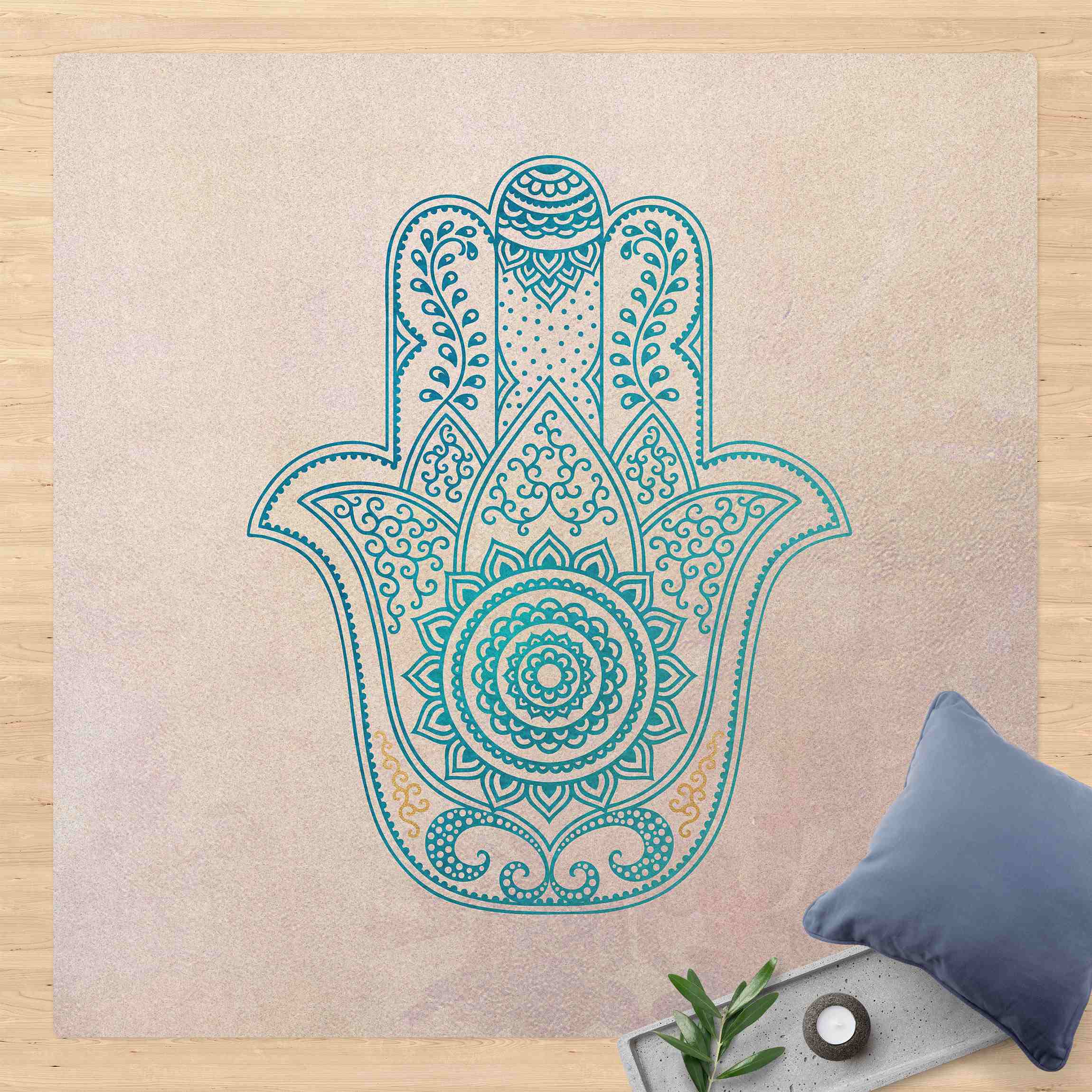 Kork-Teppich Hamsa Hand Illustration Mandala gold blau