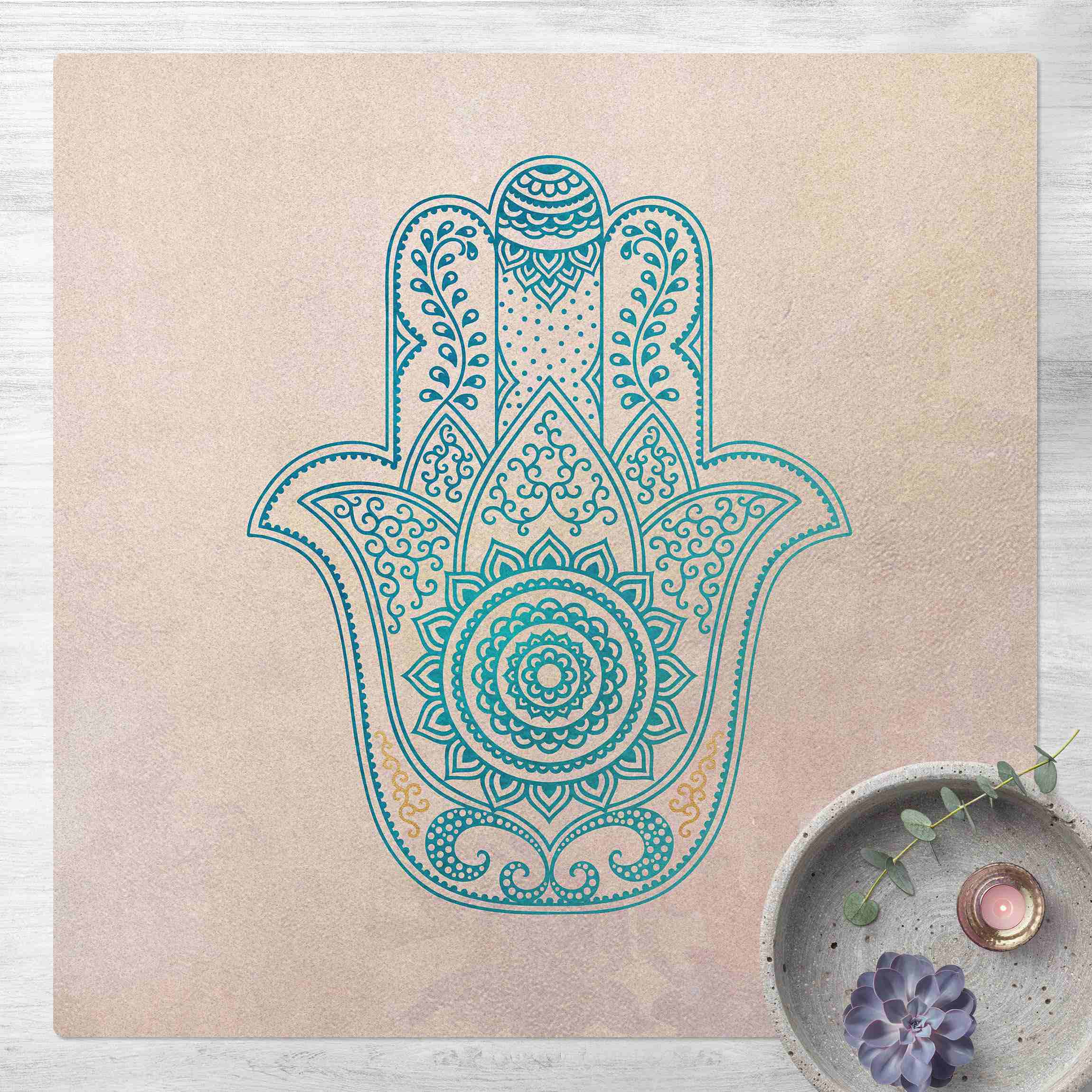 Kork-Teppich Hamsa Hand Illustration Mandala gold blau