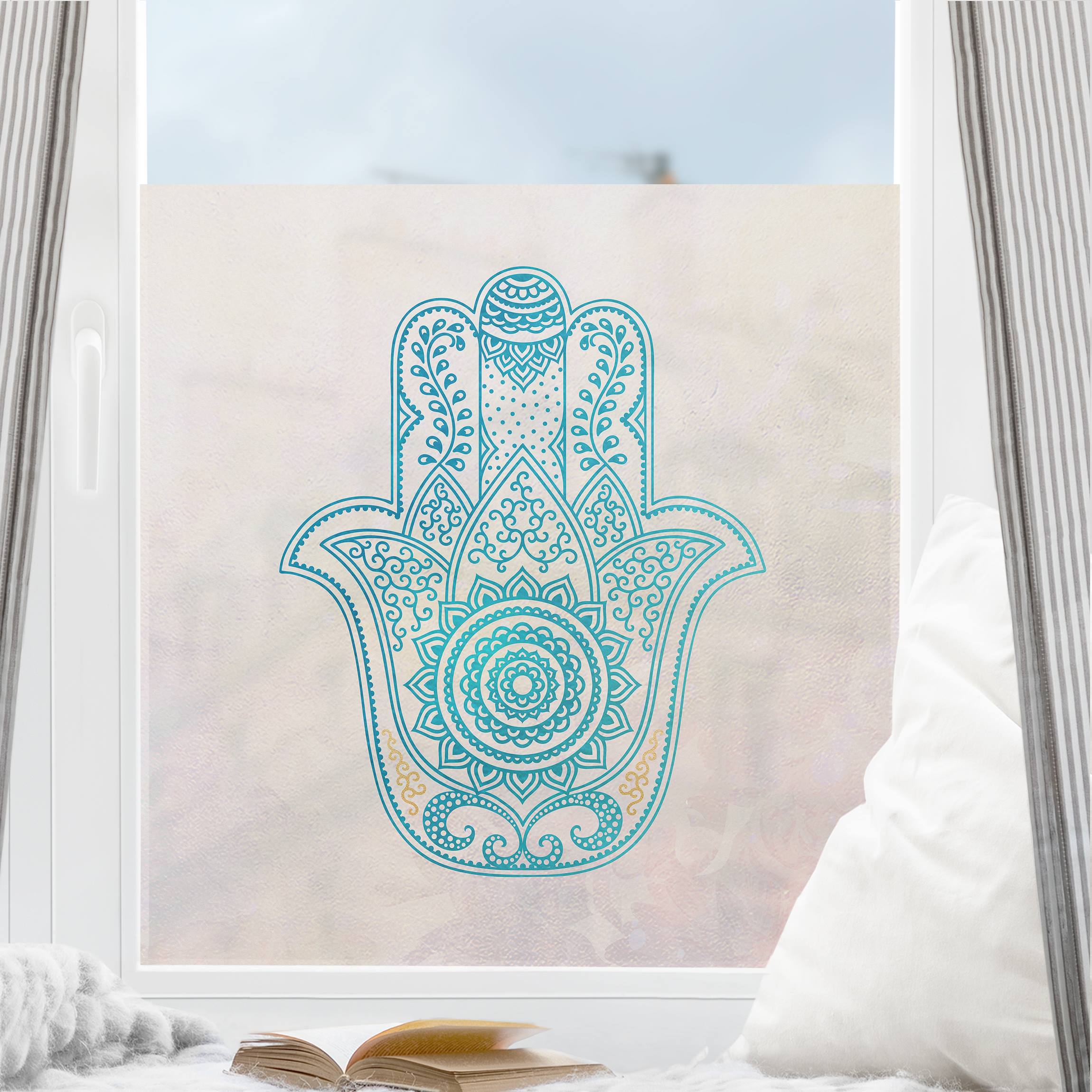 Fensterfolie Hamsa Hand Illustration Mandala gold blau