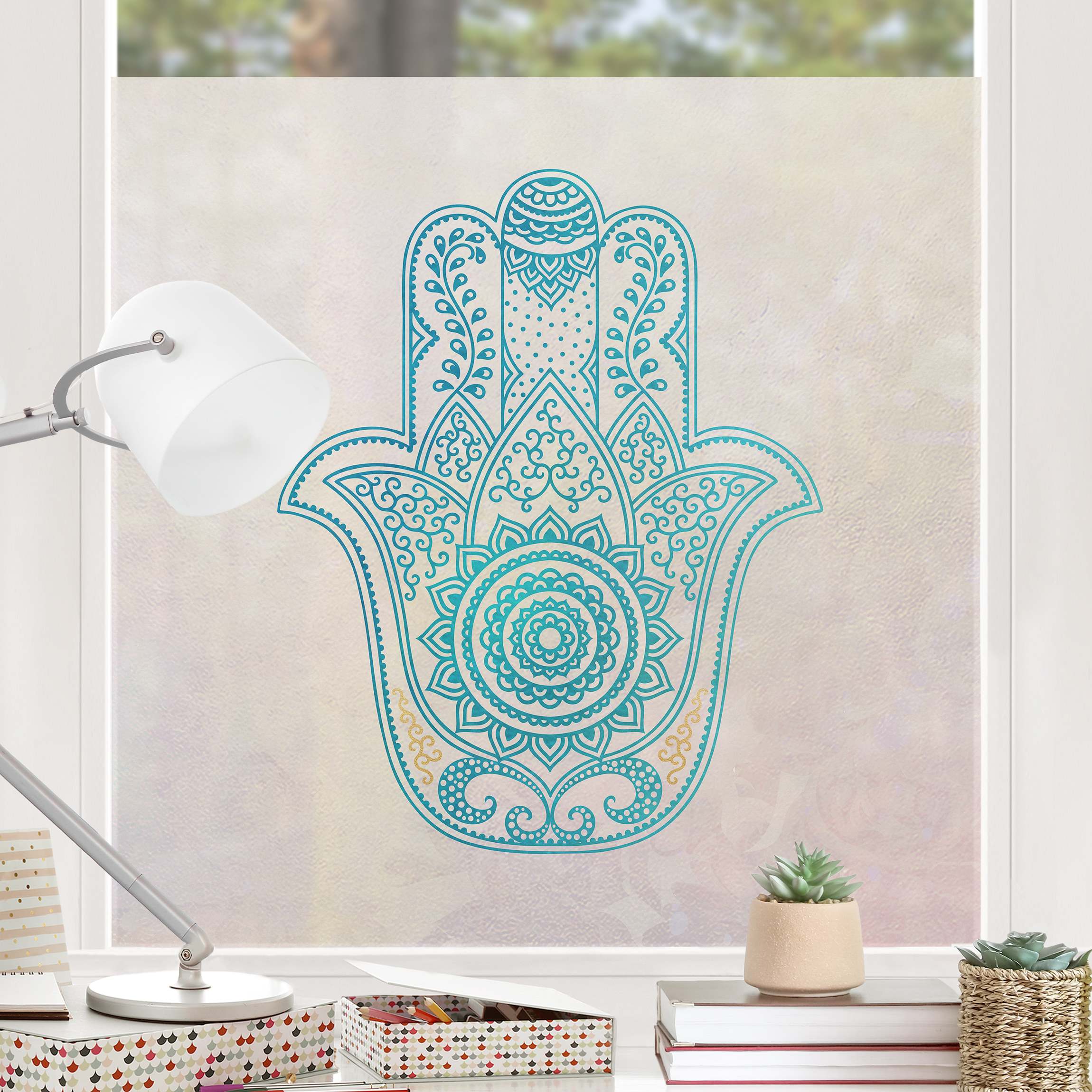 Fensterfolie Hamsa Hand Illustration Mandala gold blau