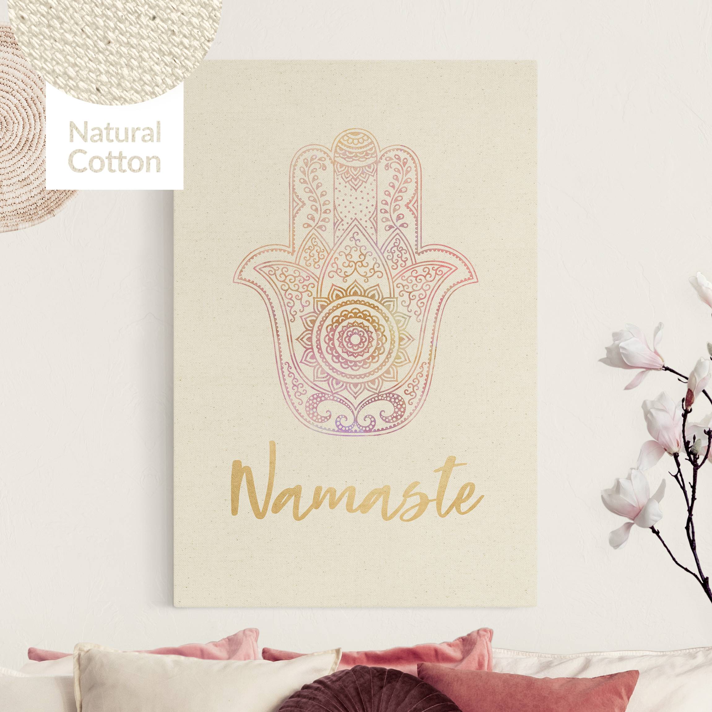 Leinwandbild auf Canvas Natural Hamsa Hand Illustration Namaste gold rosa