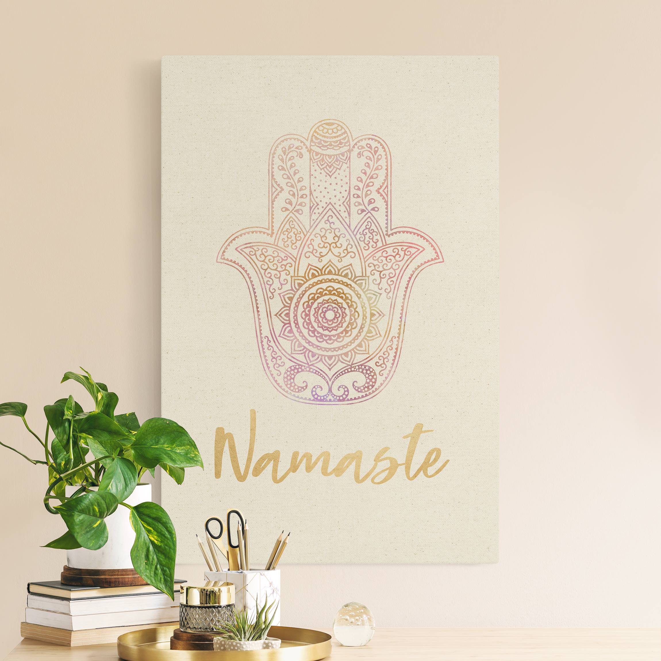 Leinwandbild auf Naturcanvas Hamsa Hand Illustration Namaste gold rosa