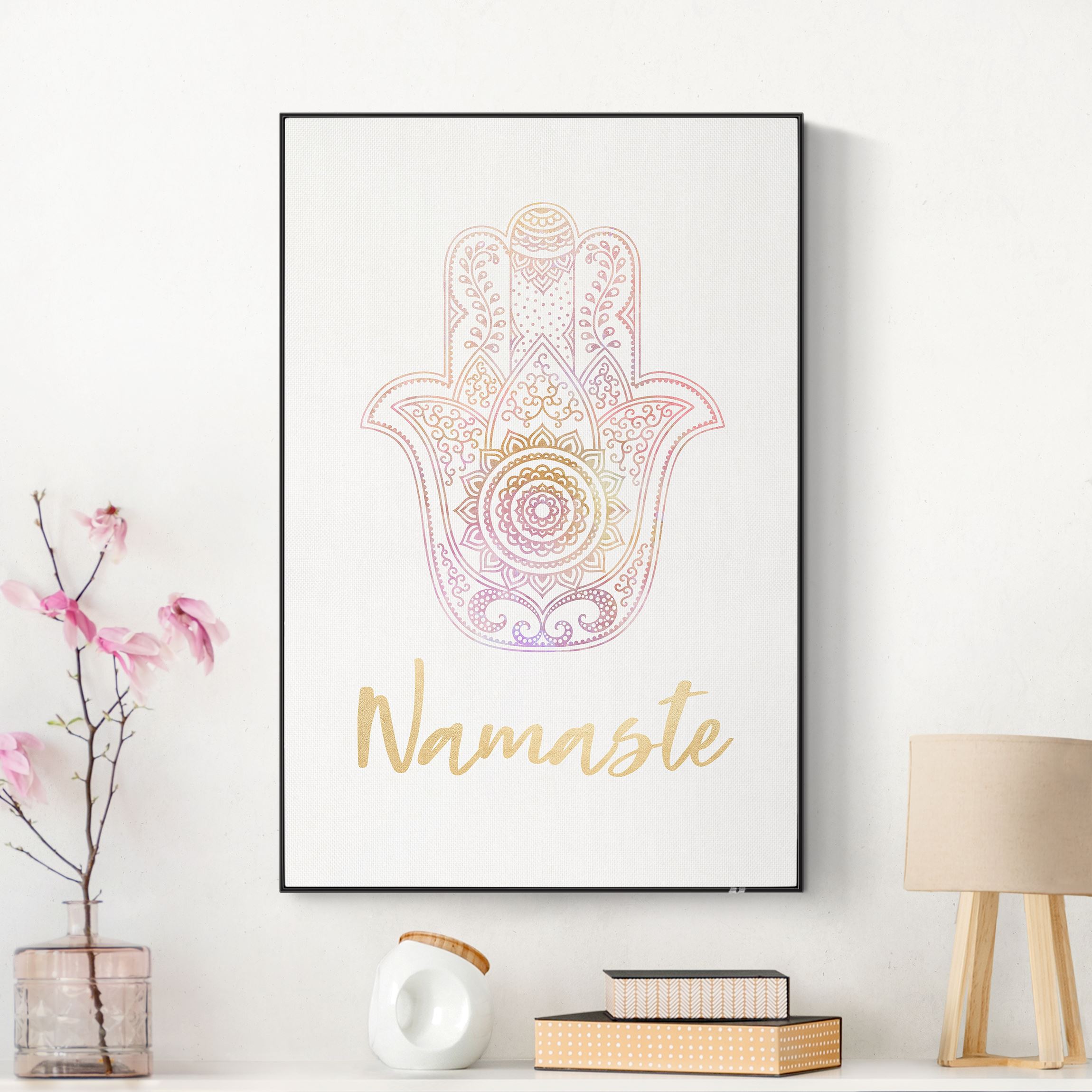 Akustik-Wechselbild Hamsa Hand Illustration Namaste gold rosa