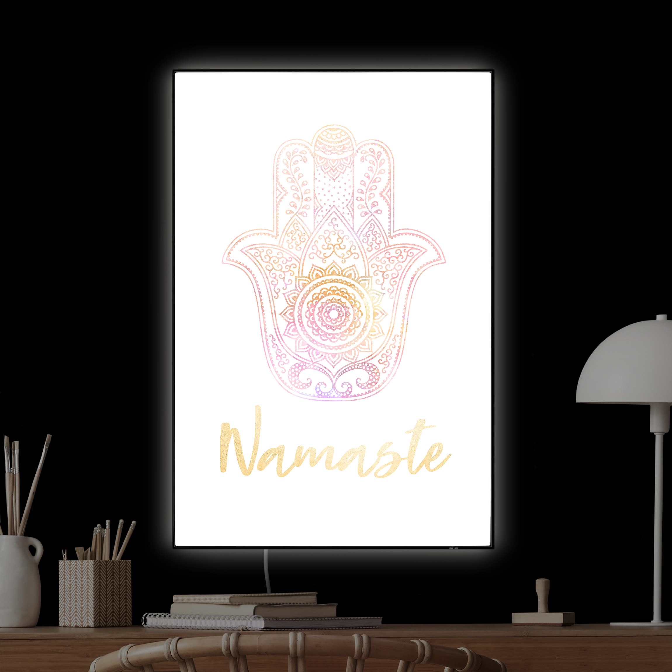 LED-Wechselbild Hamsa Hand Illustration Namaste gold rosa