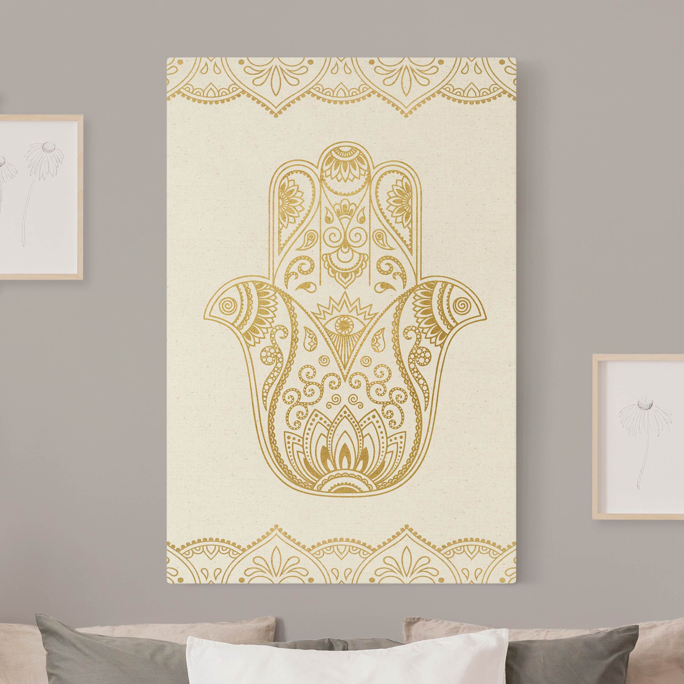 Leinwandbild auf Naturcanvas Hamsa Hand Illustration weiß gold
