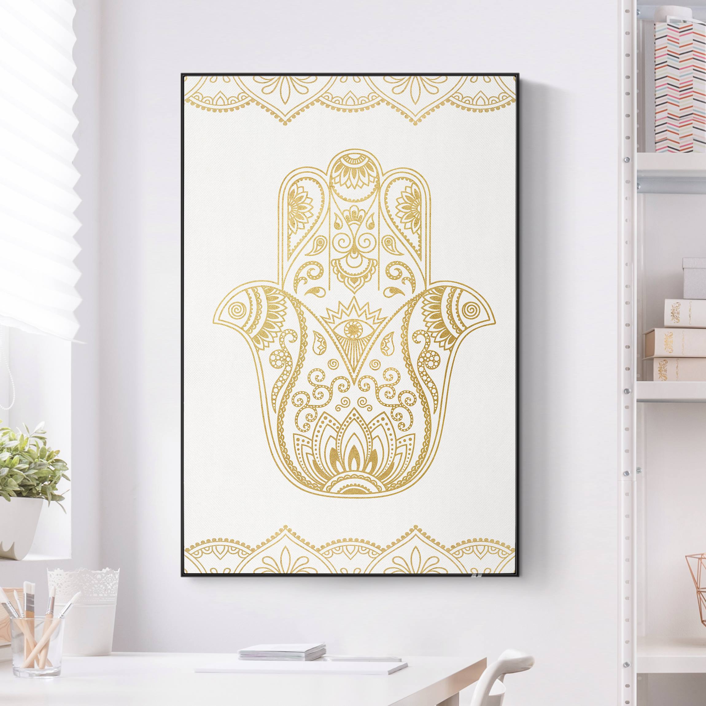 Akustik-Wechselbild Hamsa Hand Illustration weiß gold