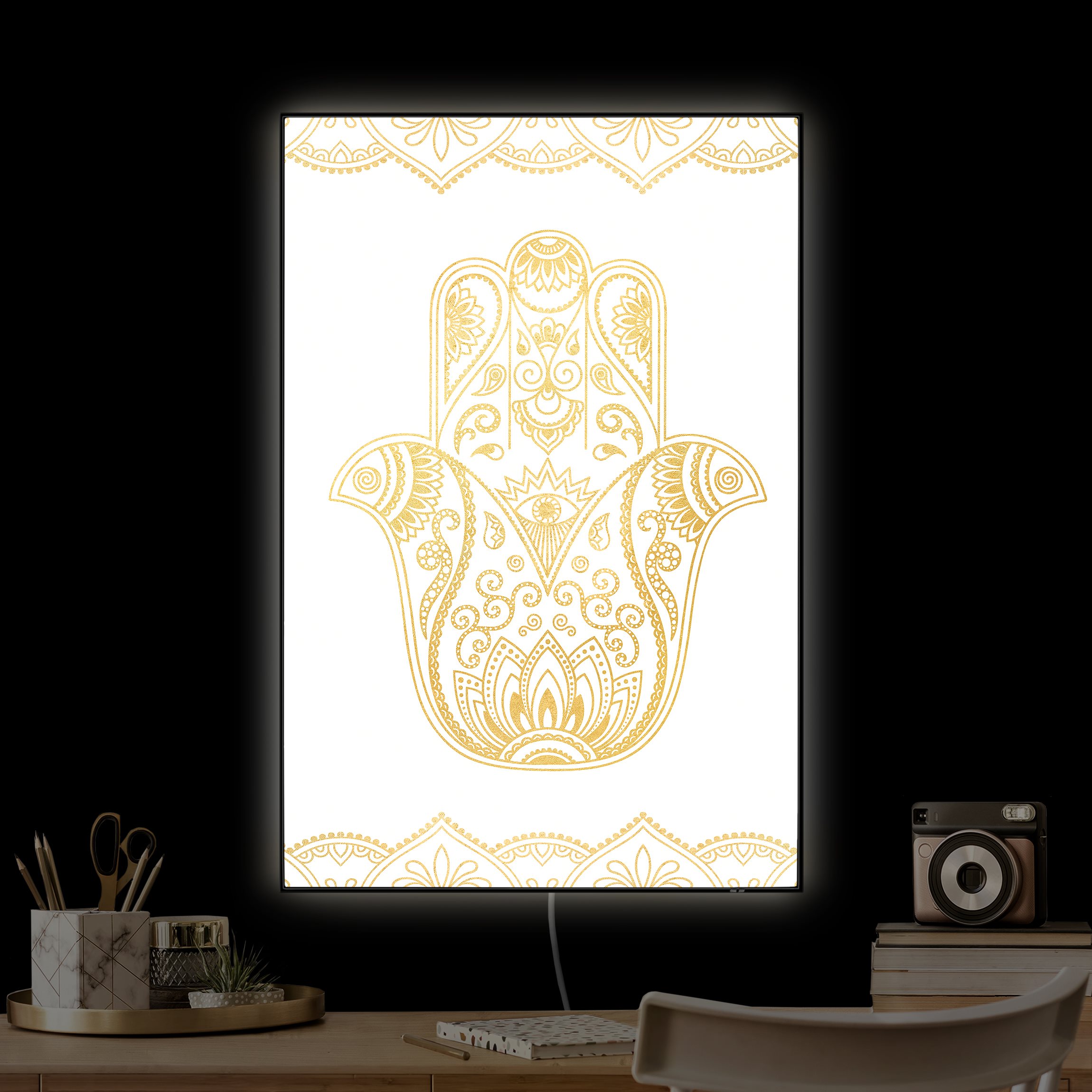 LED-Wechselbild Hamsa Hand Illustration weiß gold