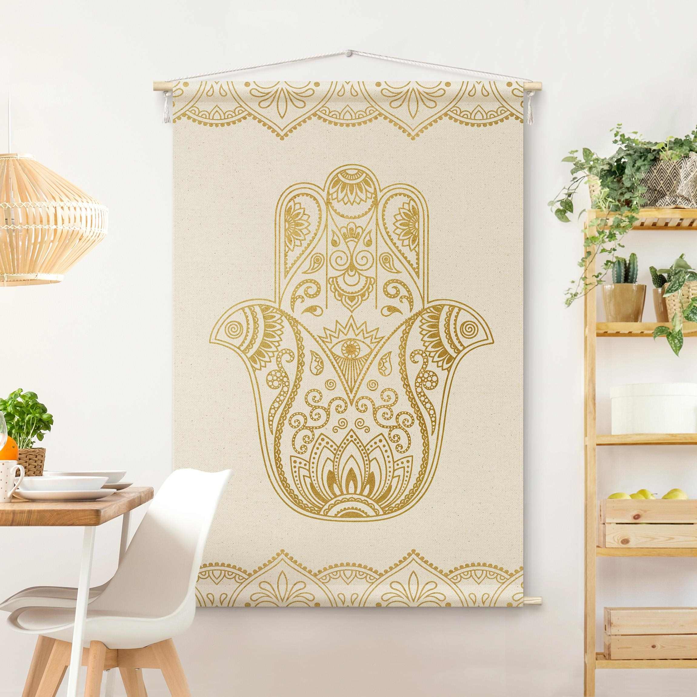 Wandteppich Hamsa Hand Illustration weiß gold