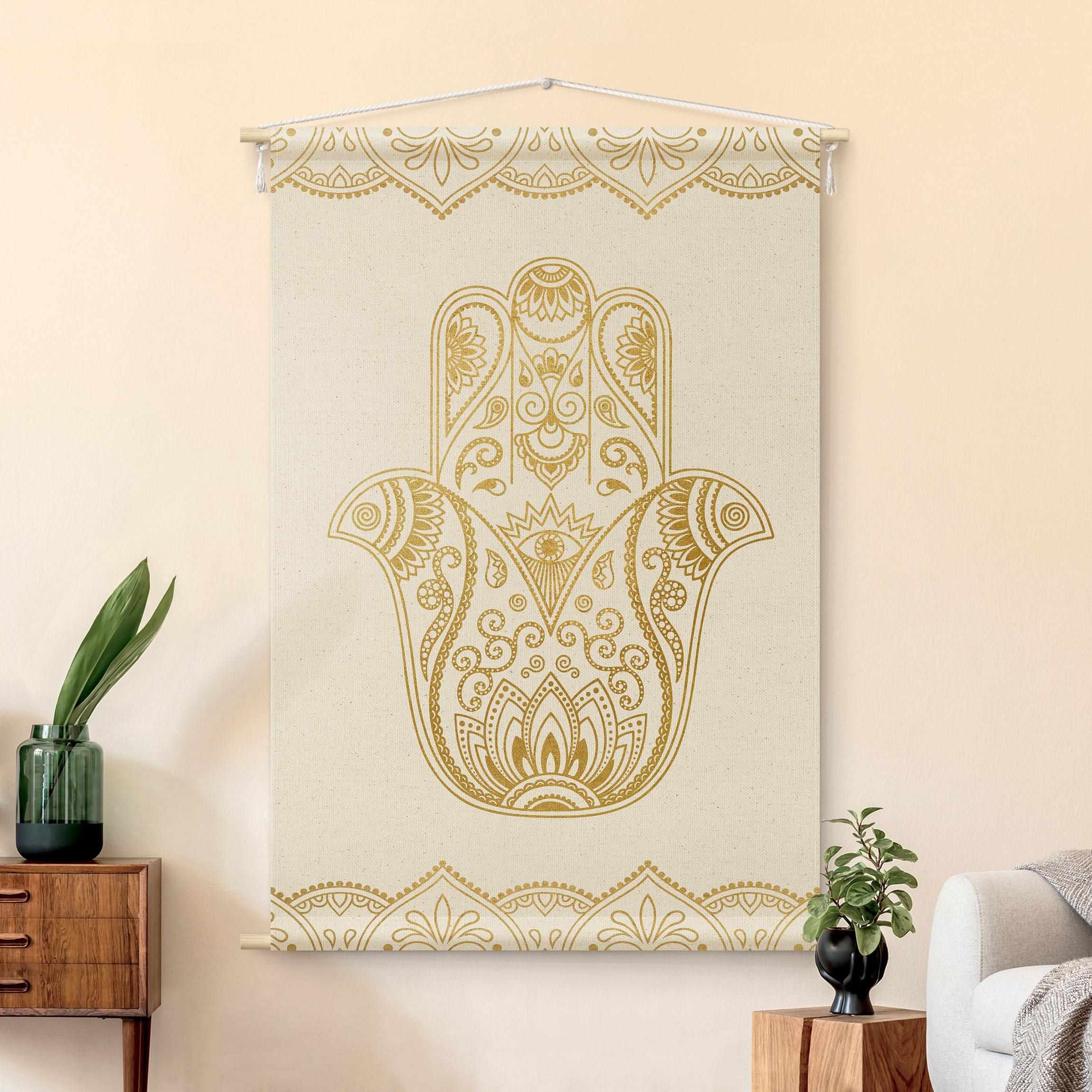 Wandteppich Hamsa Hand Illustration weiß gold