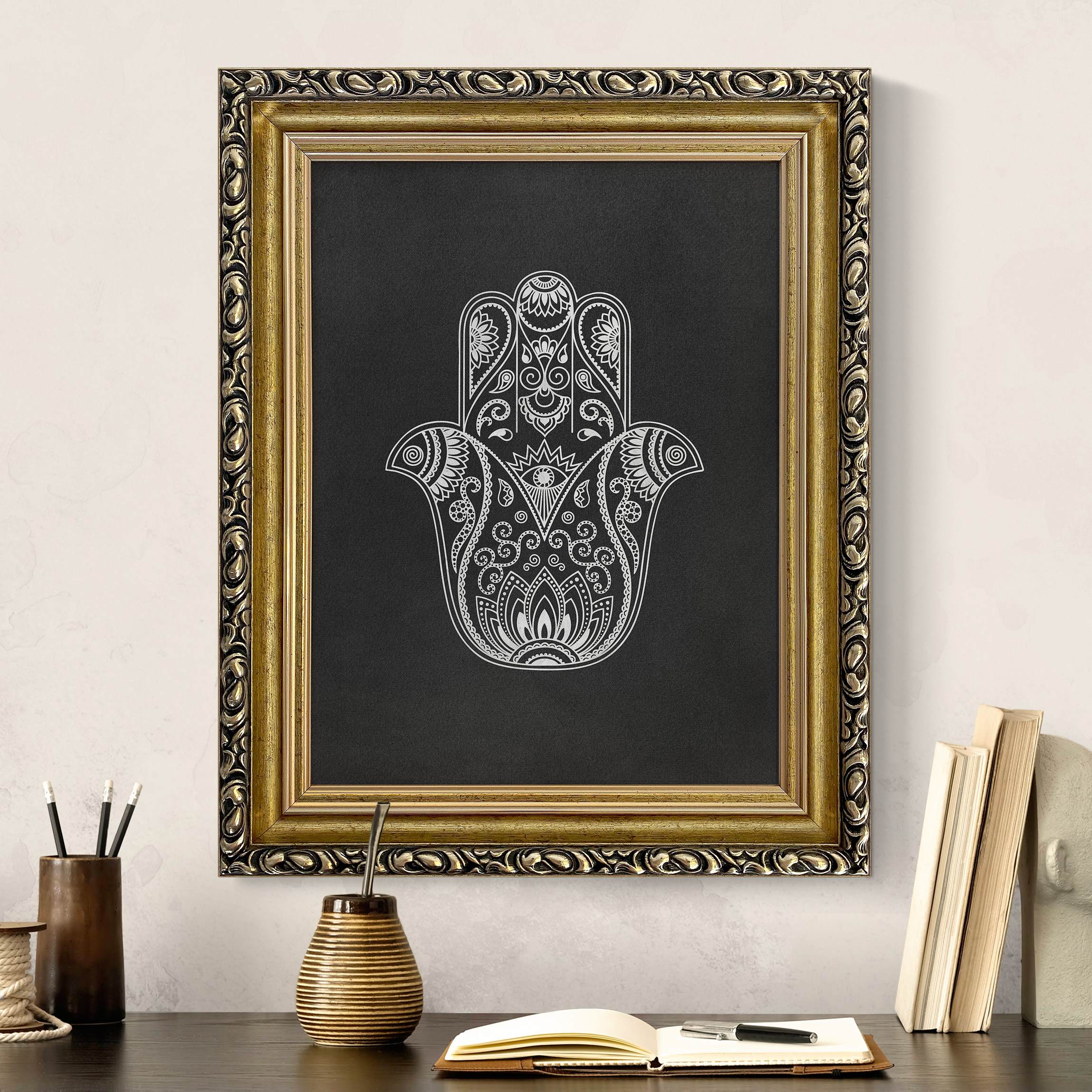 Leinwandbild mit Barockrahmen Hamsa Hand Illustration weiß schwarz