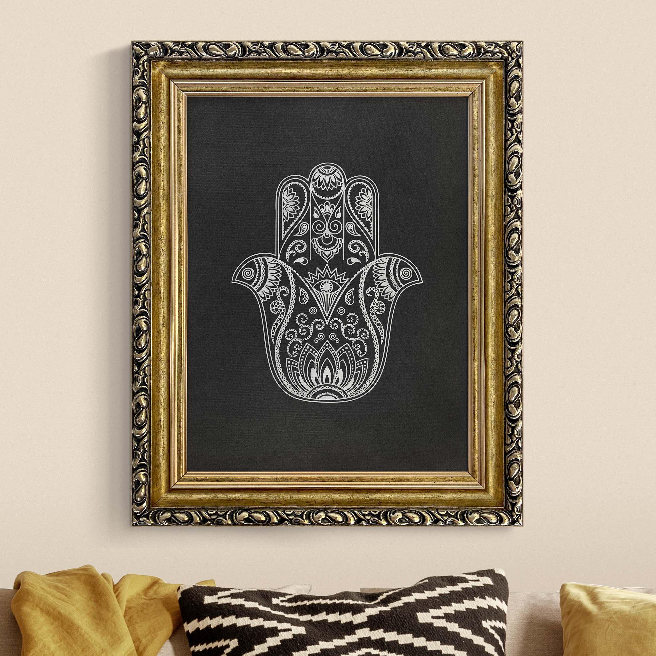 Leinwandbild in Barockrahmen Hamsa Hand Illustration weiß schwarz