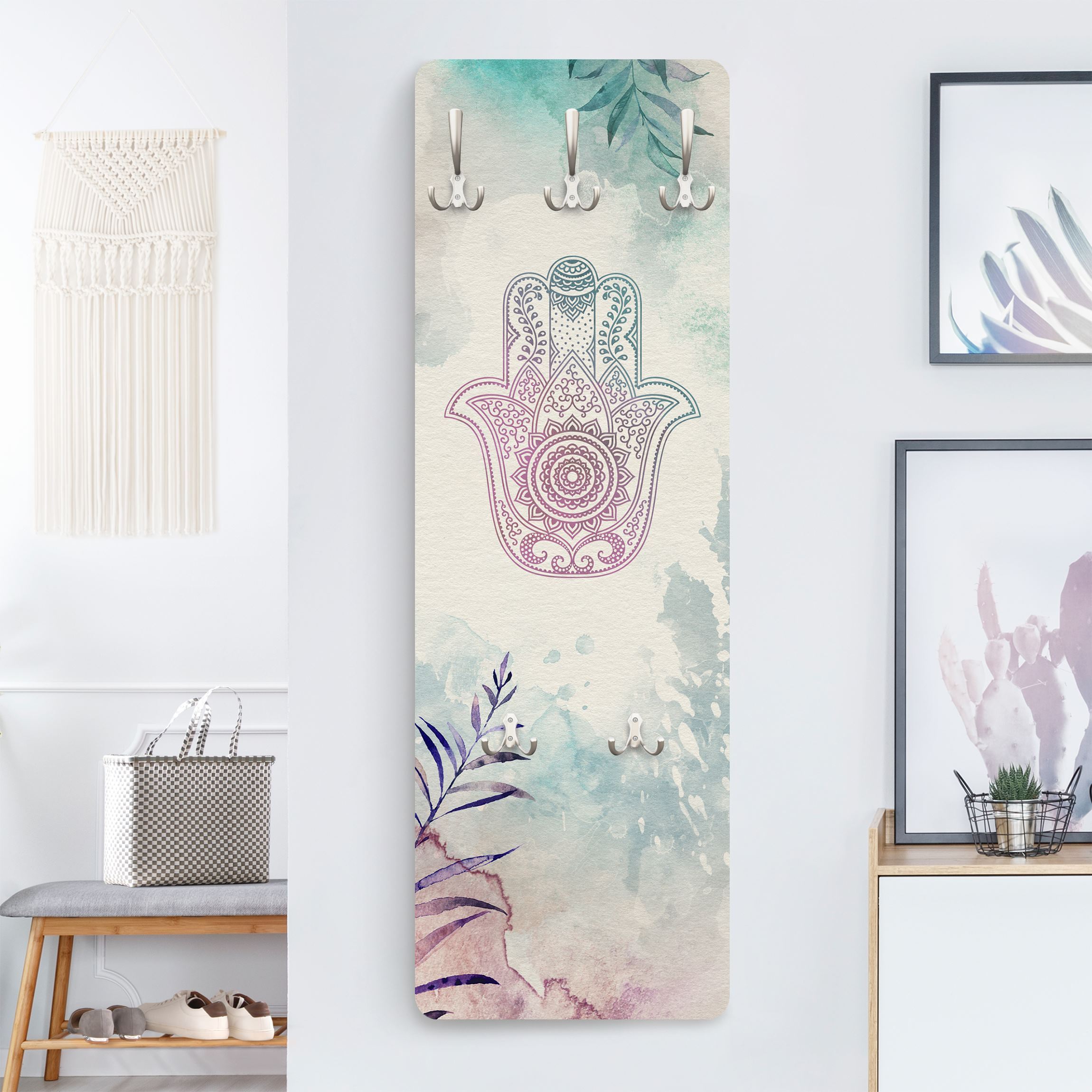 Wandgarderobe Holzpaneel Hand der Fatima Aquarell