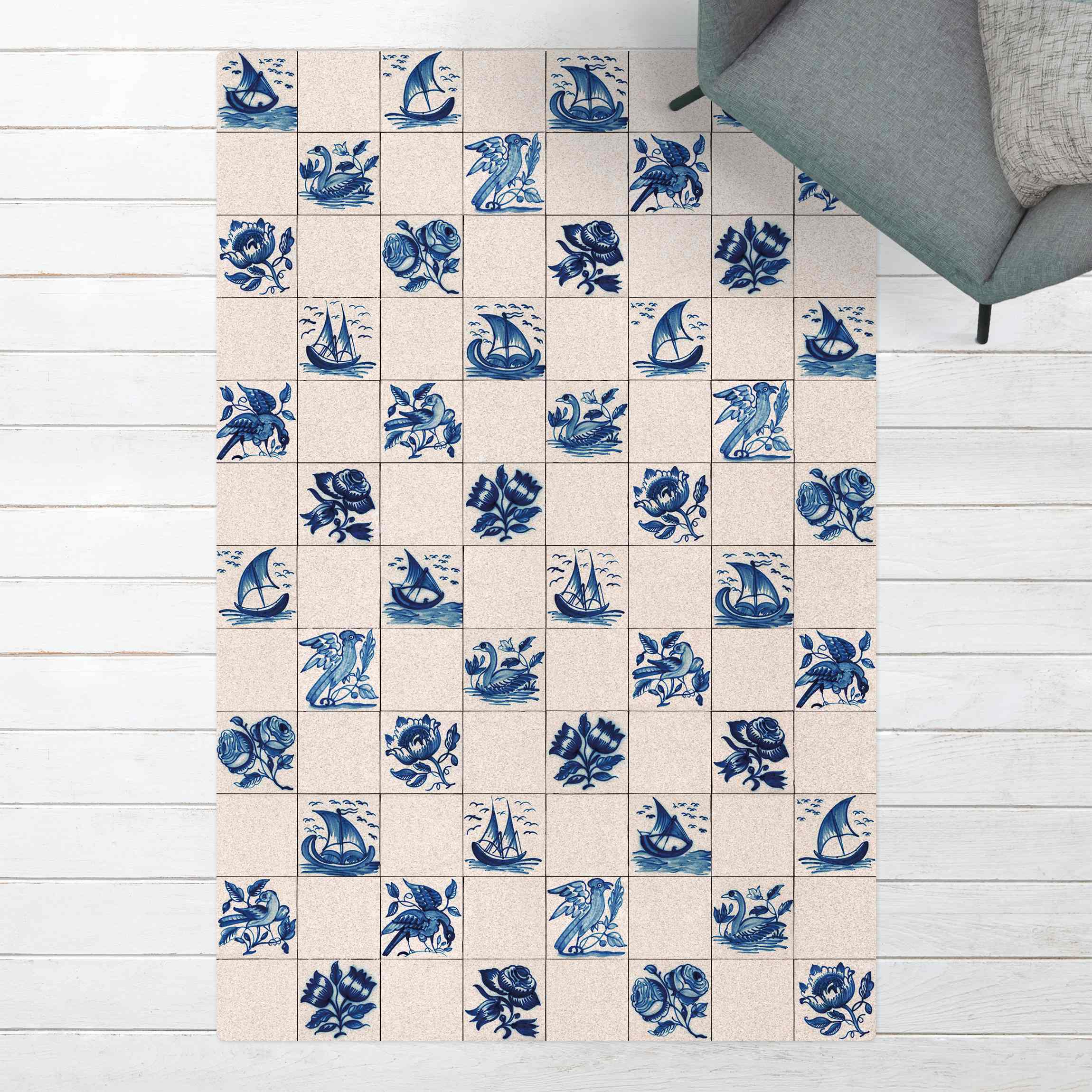 Kork-Teppich Handgemalte Fliesen mit Blumen, Schiffen und Vögeln