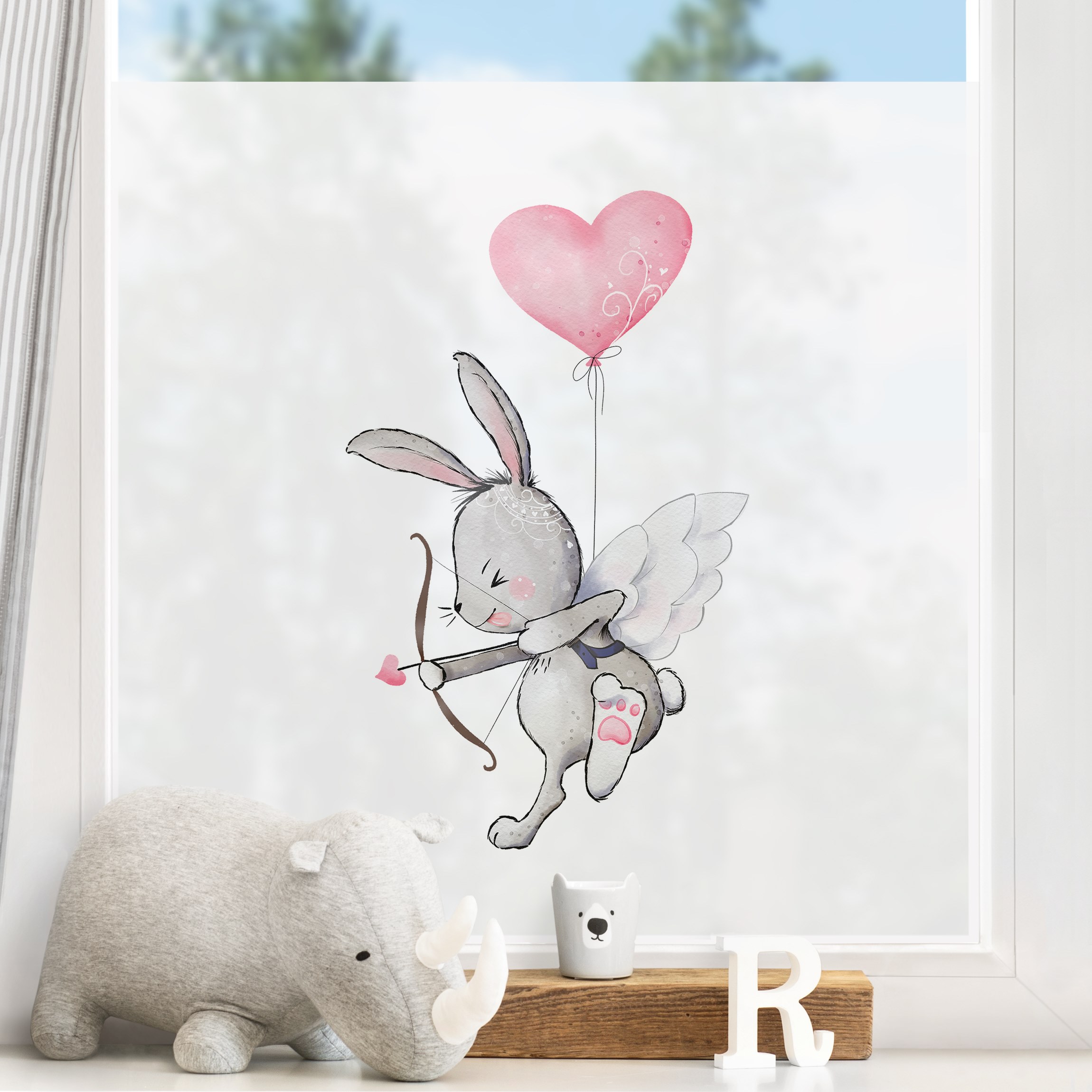 Fensterfolie Hase Amor am Herzluftballon
