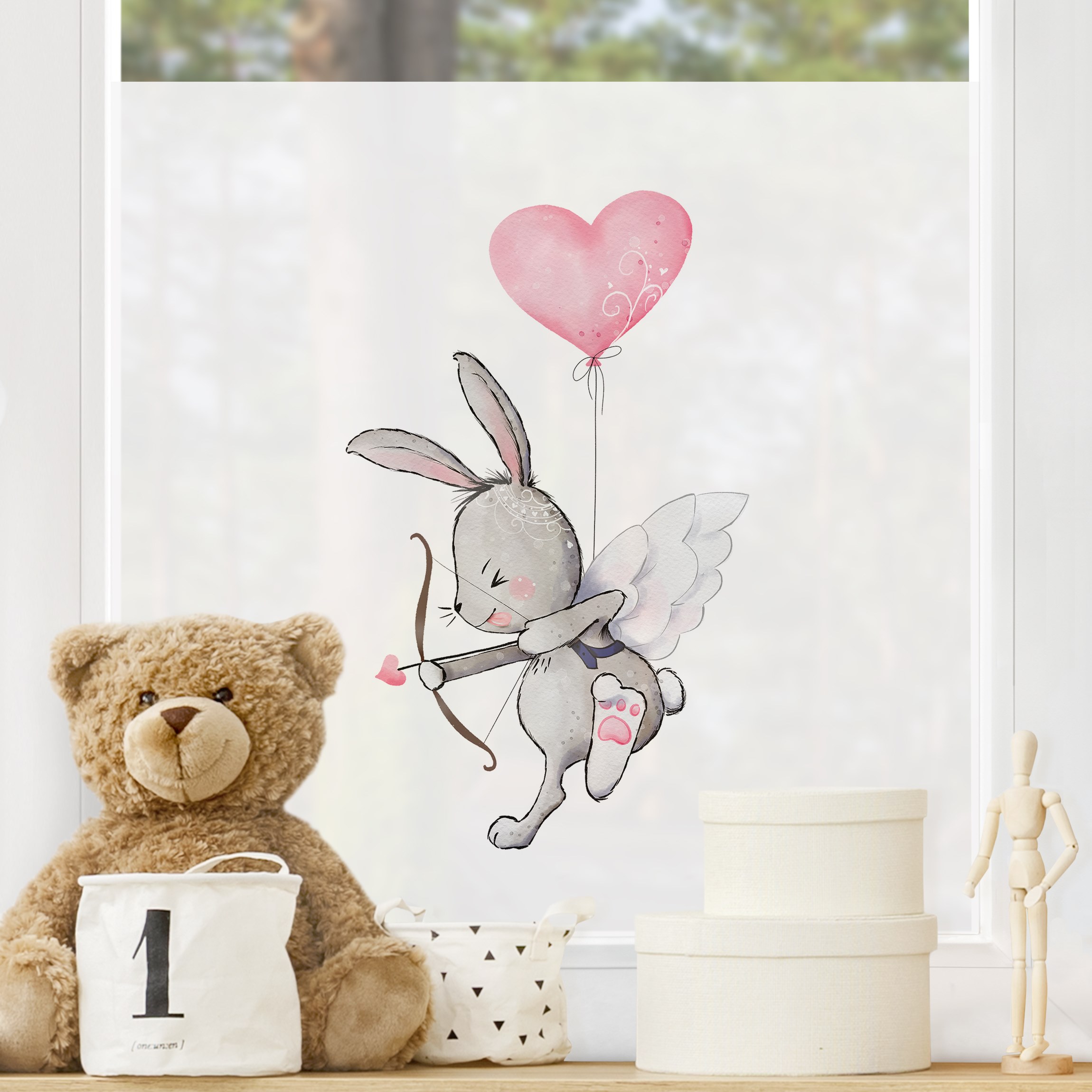 Fensterfolie Hase Amor am Herzluftballon