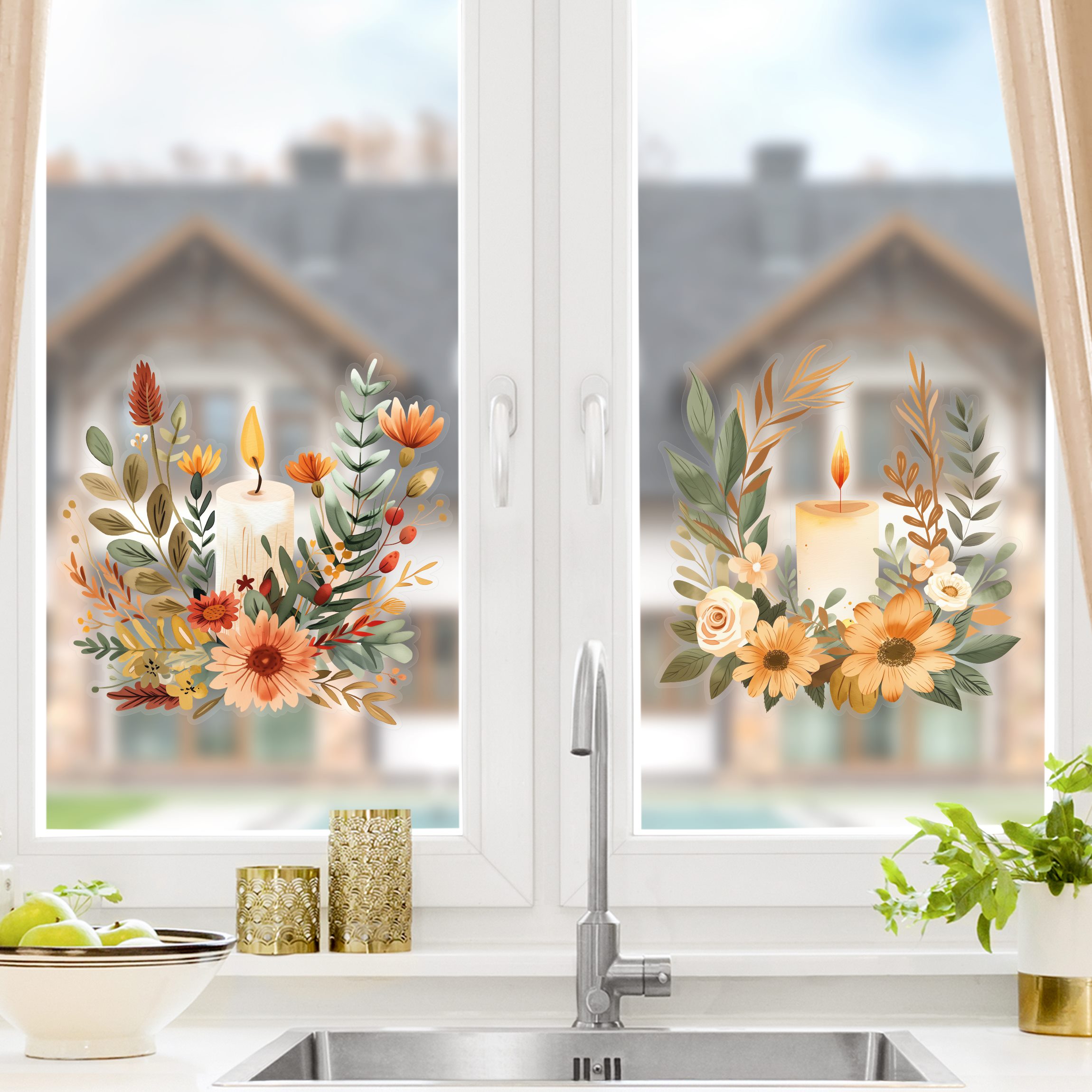Fensteraufkleber Herbstliches Kerzen Gesteck