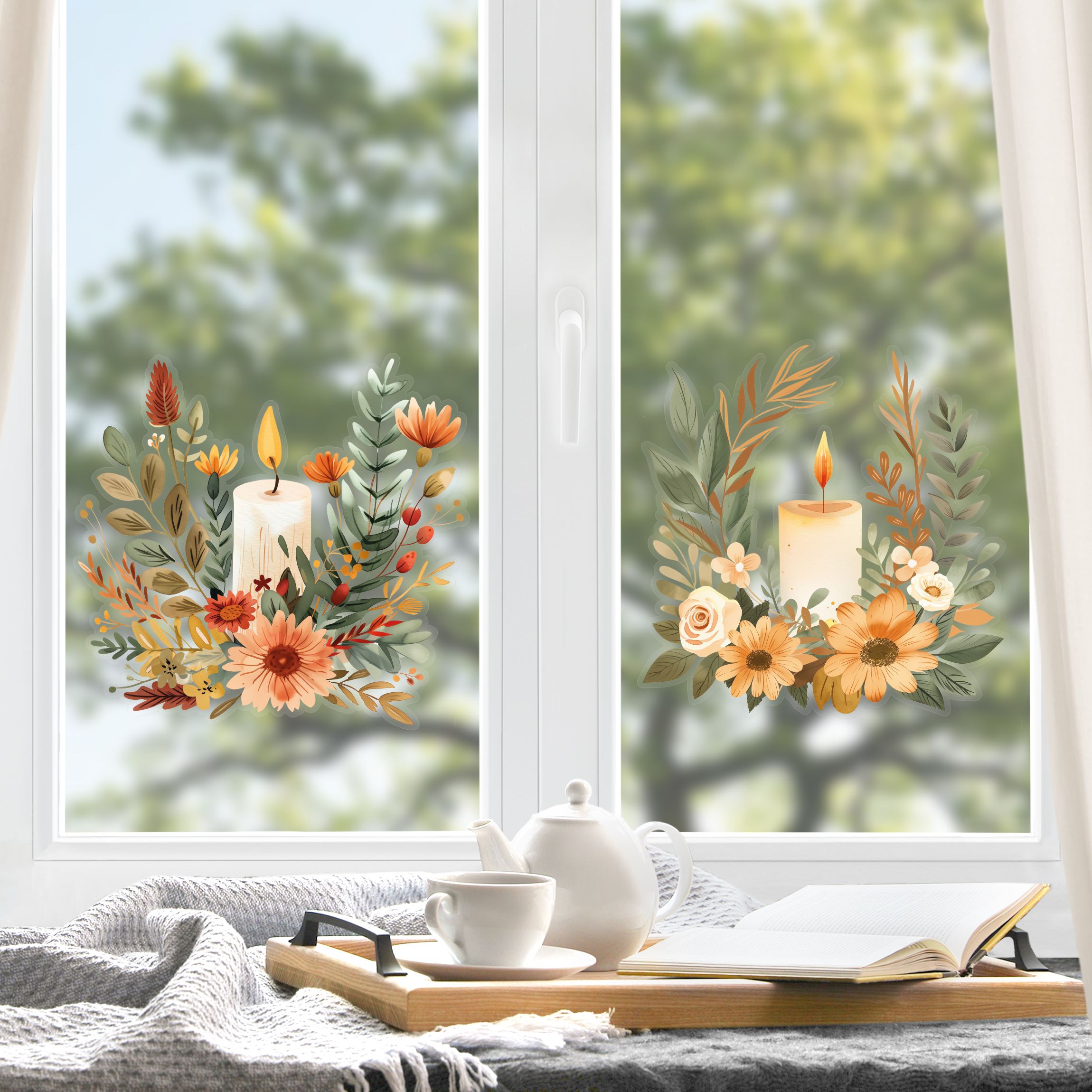 Fensteraufkleber Herbstliches Kerzen Gesteck