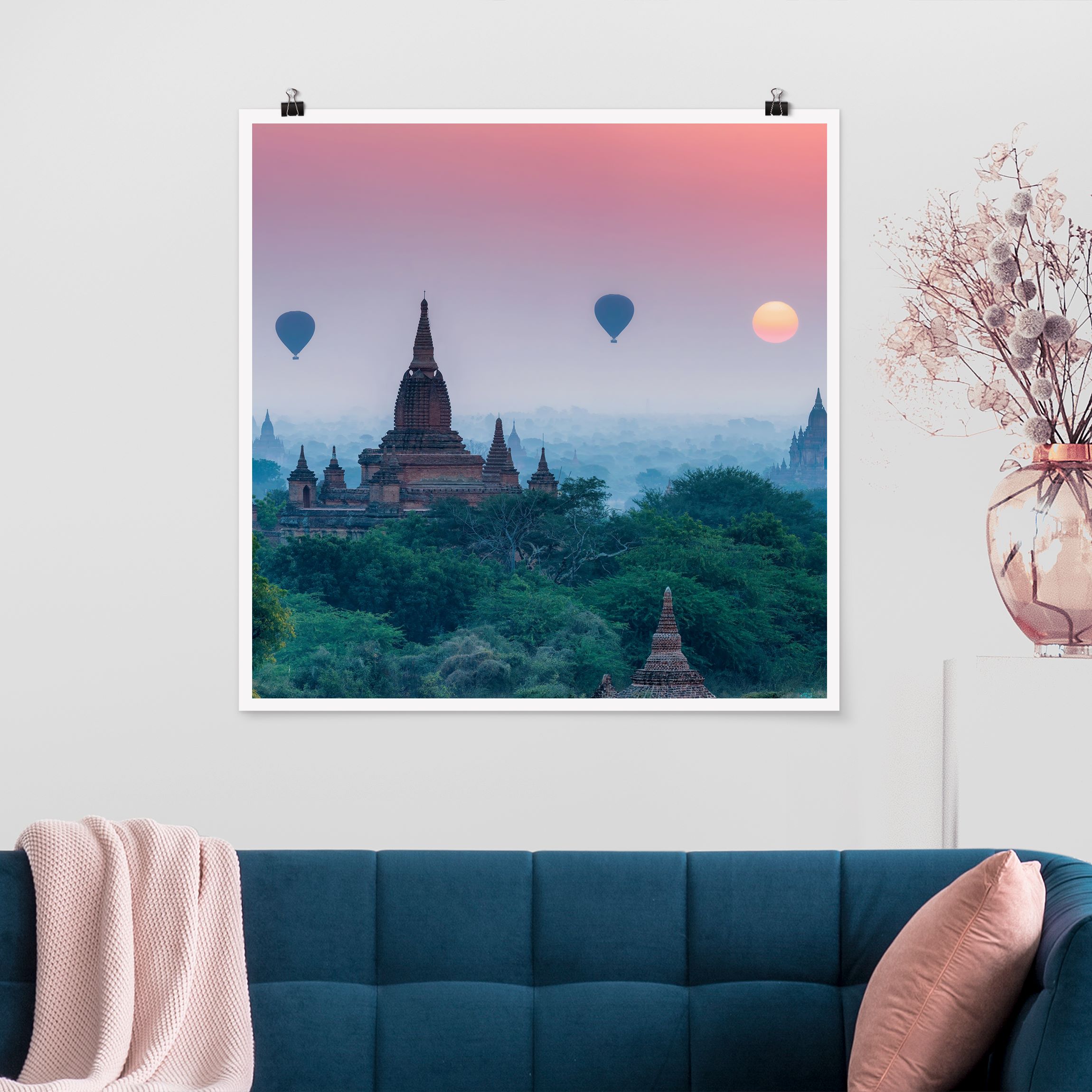 Poster Heißluftballons über Tempelanlage