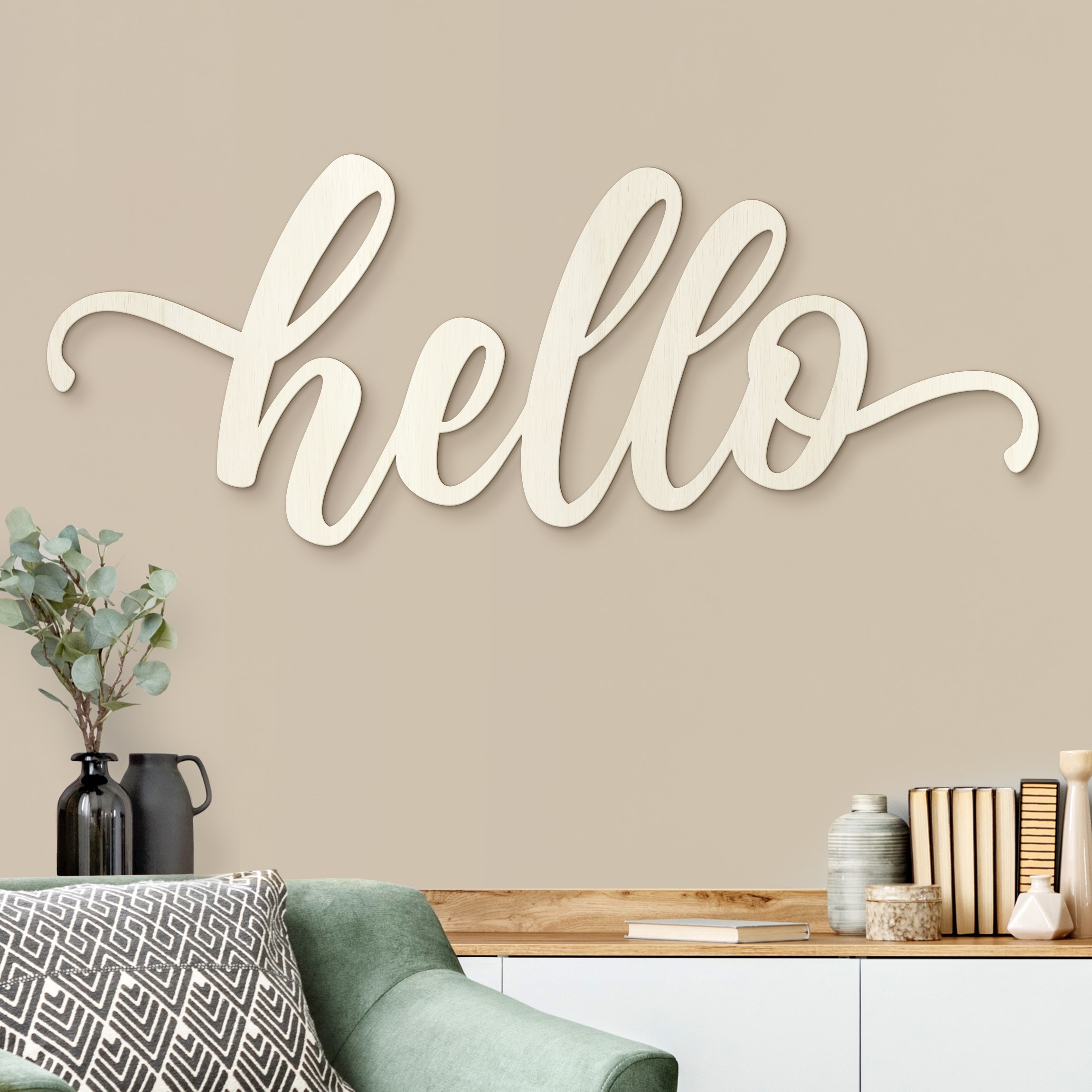 Wanddeko Holz hello Handlettering