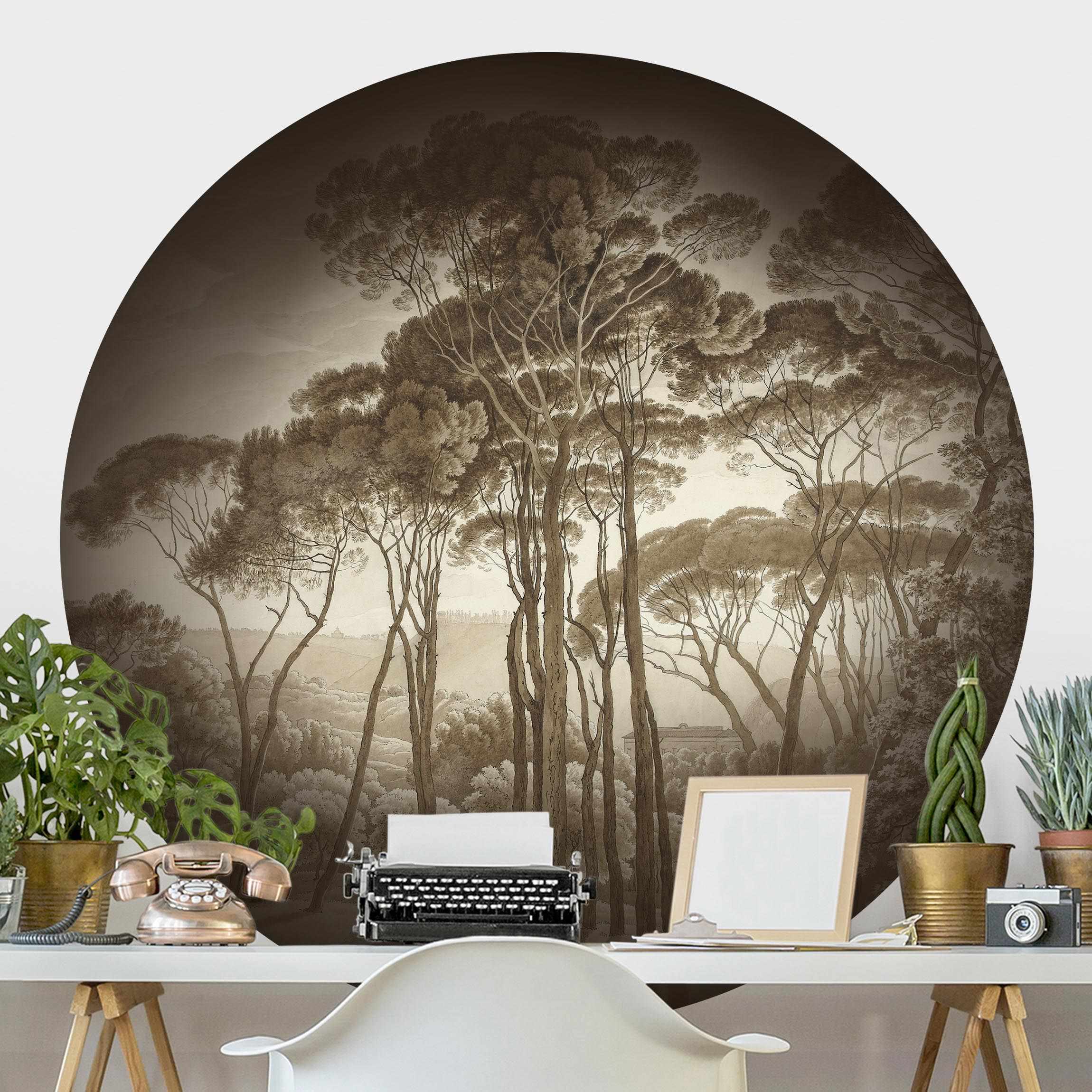Runde Tapete selbstklebend Hendrik Voogd Landschaft mit Bäumen in Beige