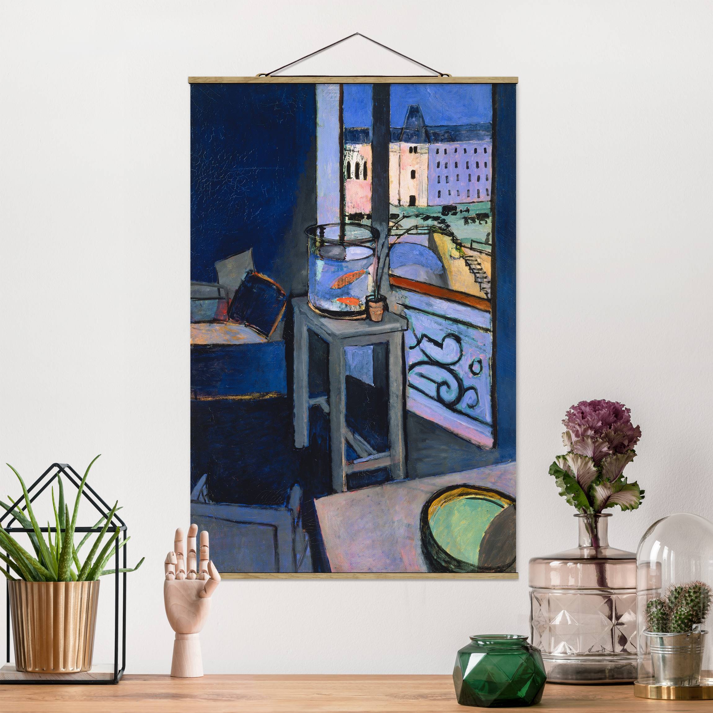Stoffbild mit Posterleisten Henri Matisse - Das Goldfischglas vor dem Fenster