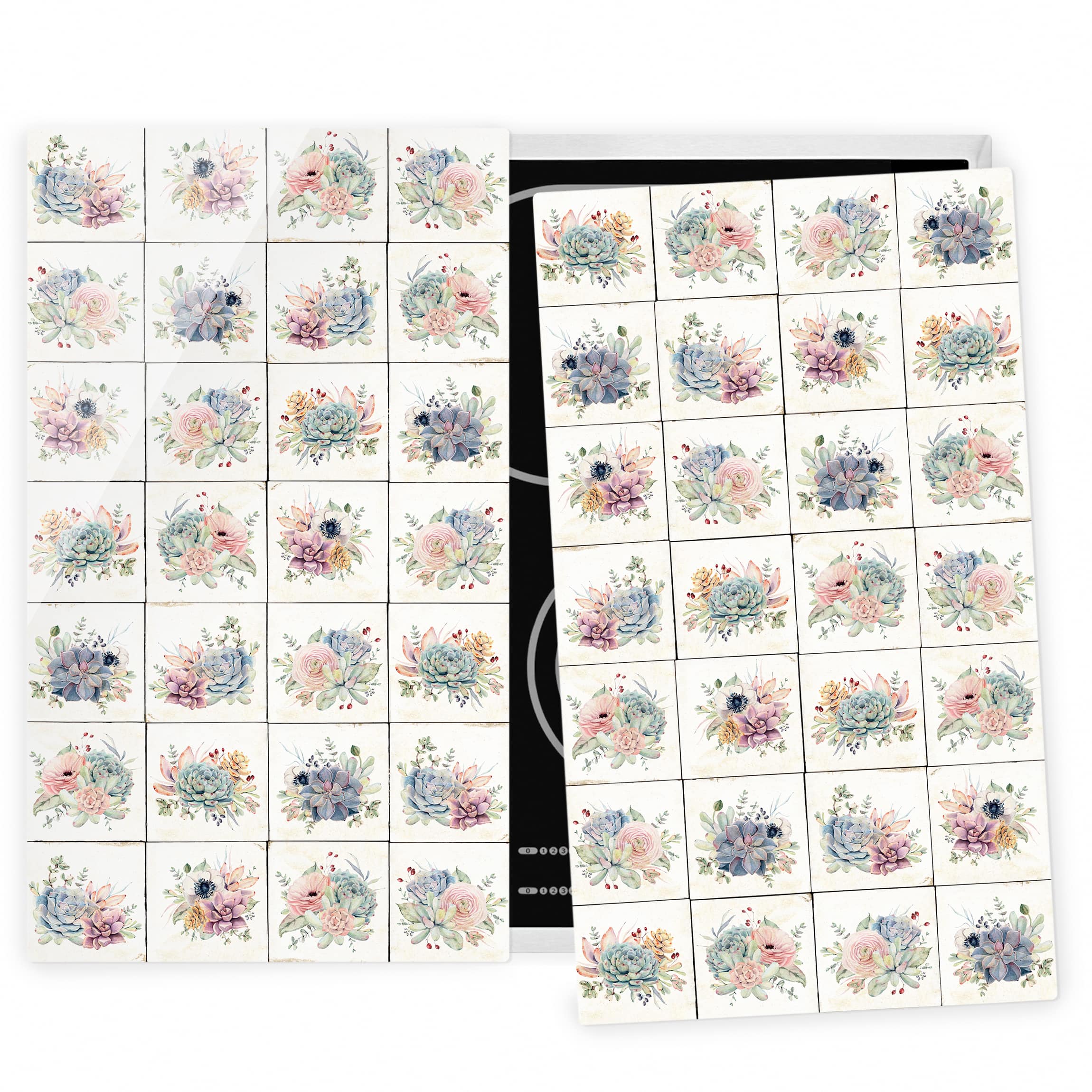 2-teilige Herdabdeckplatte Glas Aquarell Blumen Landhaus