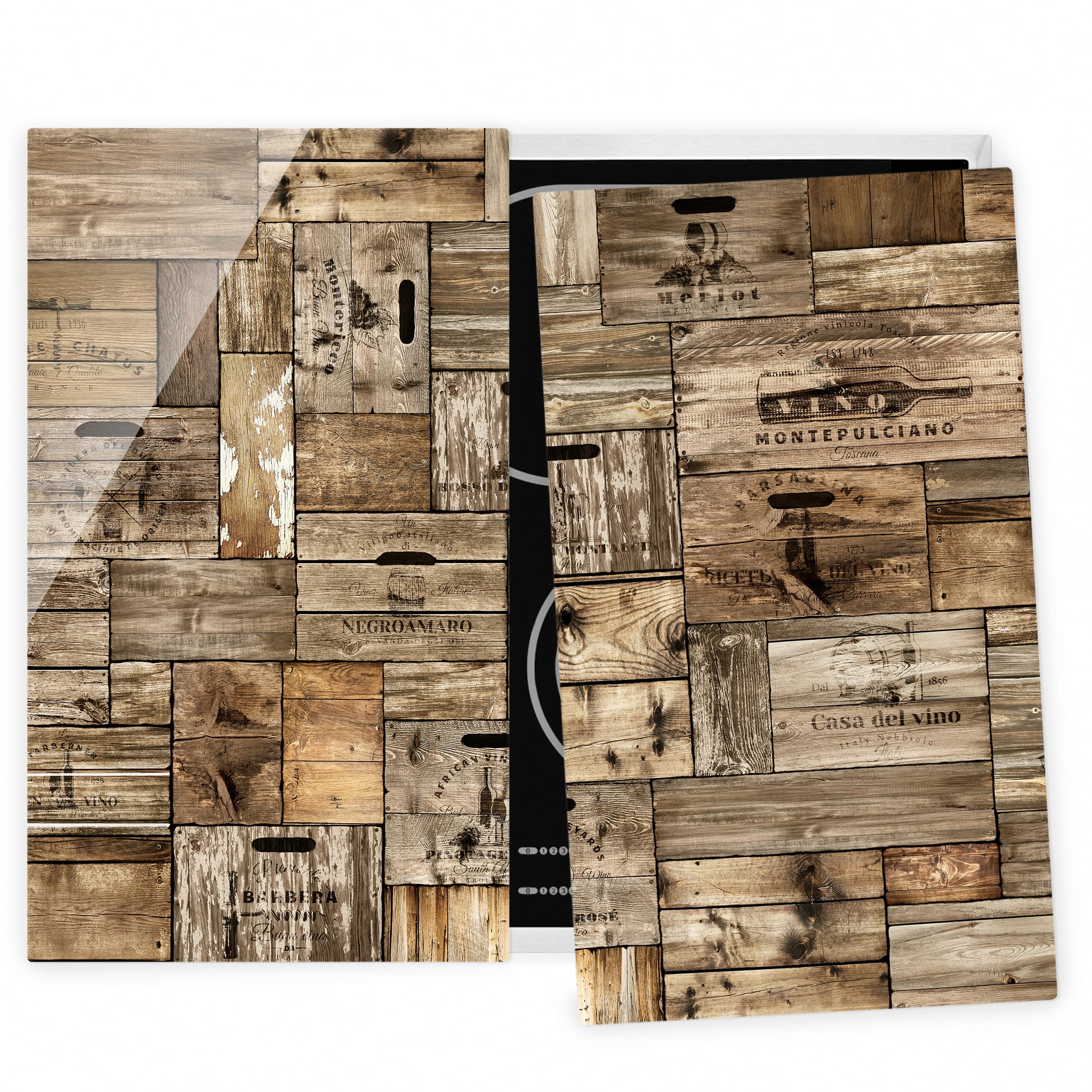 2-teilige Herdabdeckplatte Glas Vintage Holzkisten