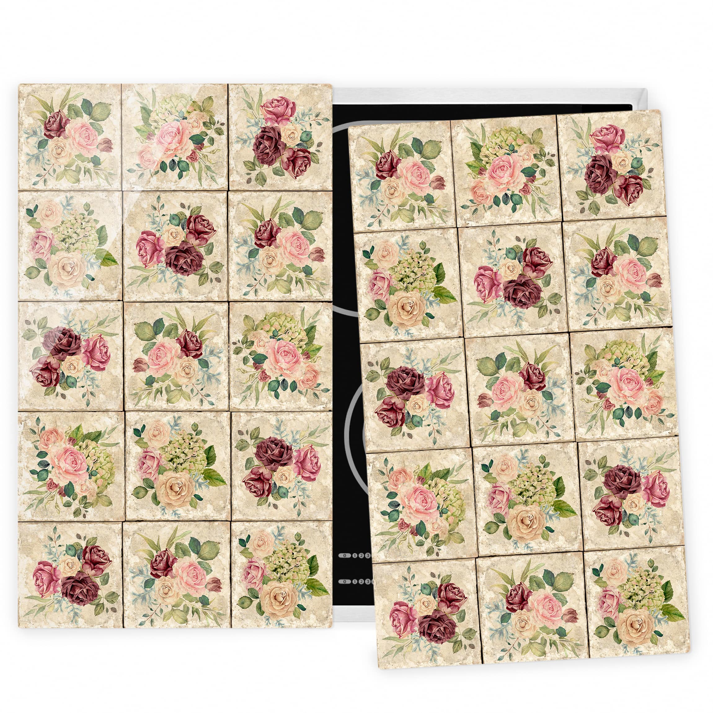 2-teilige Herdabdeckplatte Glas Vintage Rosen und Hortensien