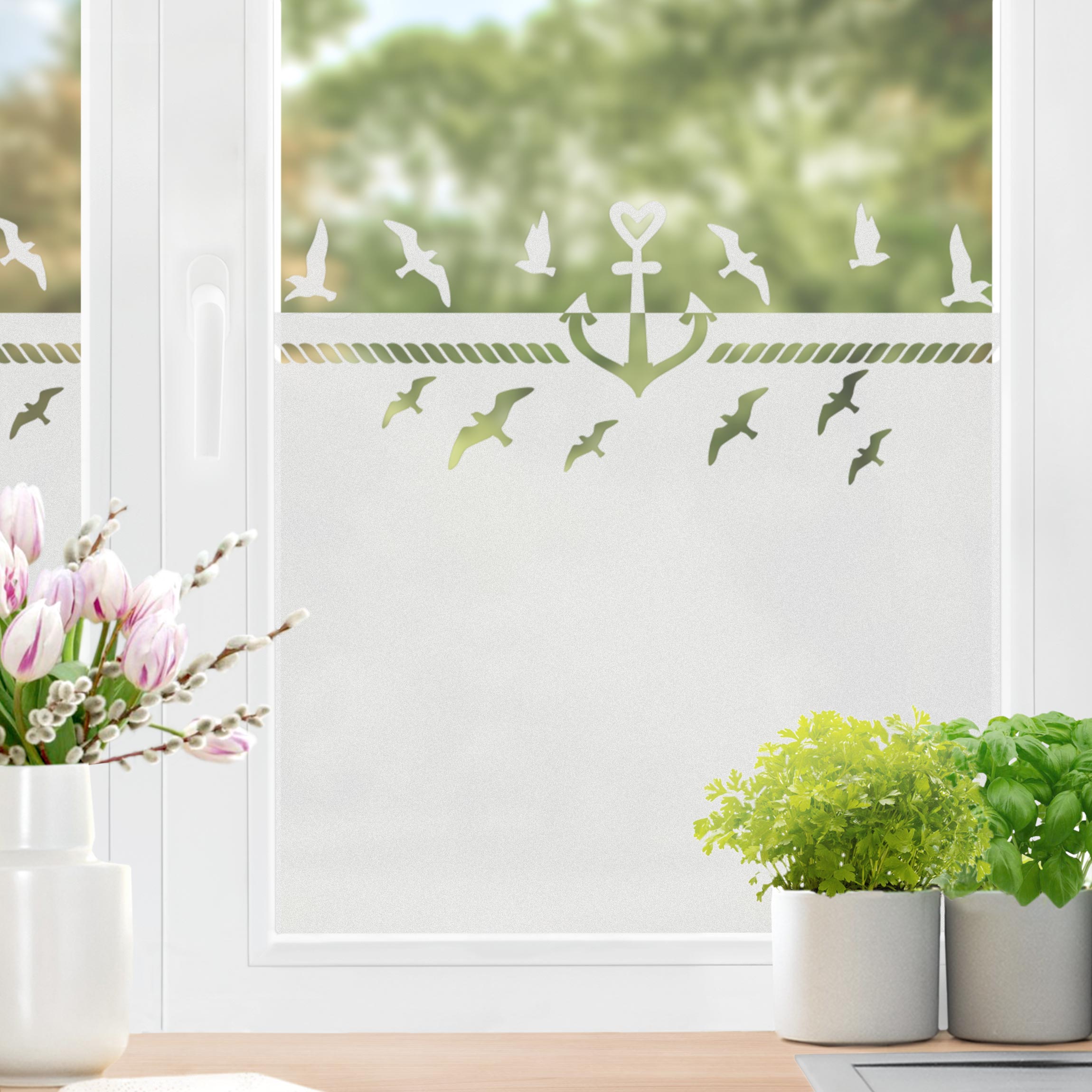 Fensterfolie Sichtschutz Herz Anker Bordüre