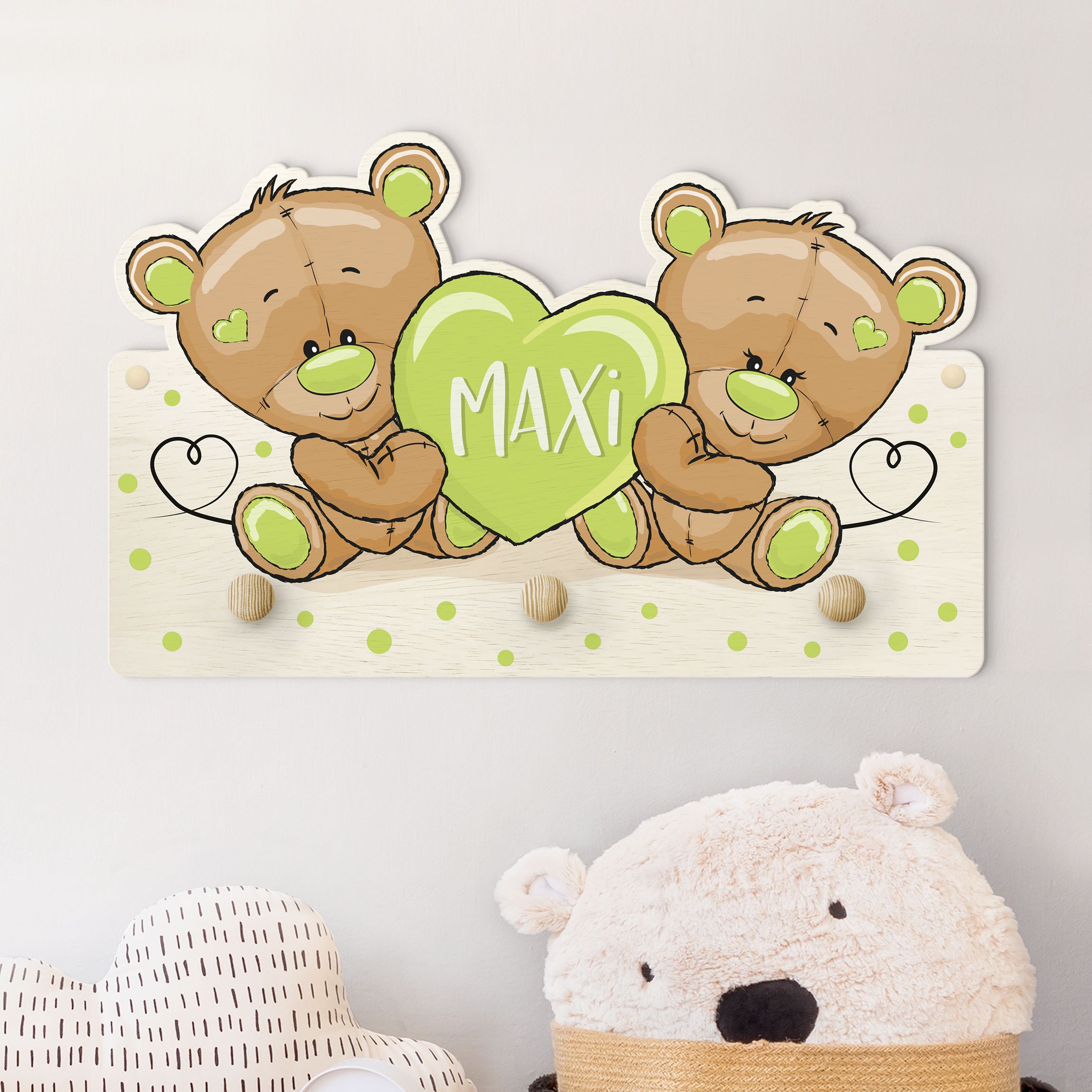 Kindergarderobe Holz mit Namen Herz Bären mit Wunschnamen grün