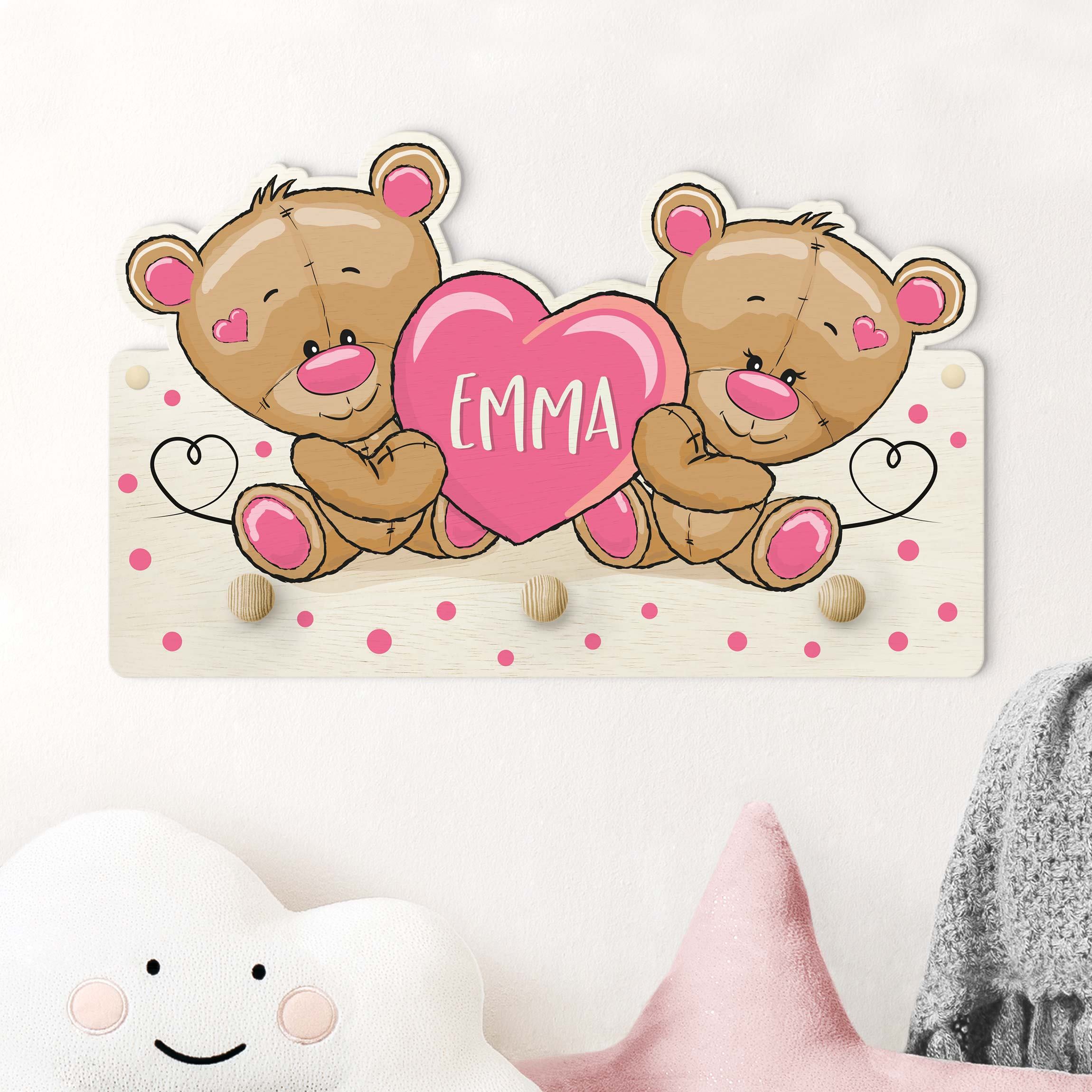 Kindergarderobe Holz mit Namen Herz Bären mit Wunschnamen rosa