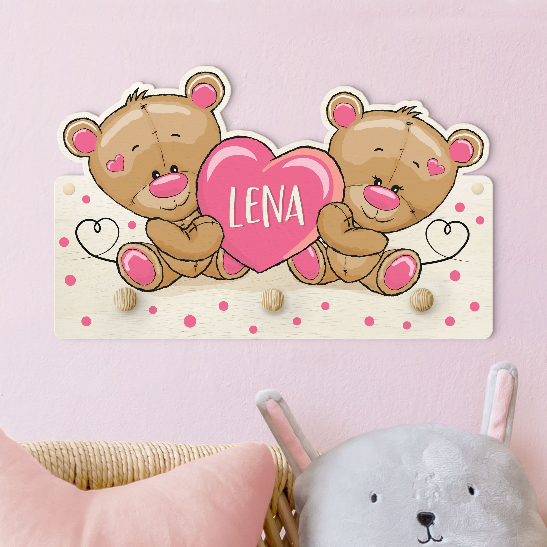 Kindergarderobe Holz mit Namen Herz Bären mit Wunschnamen rosa