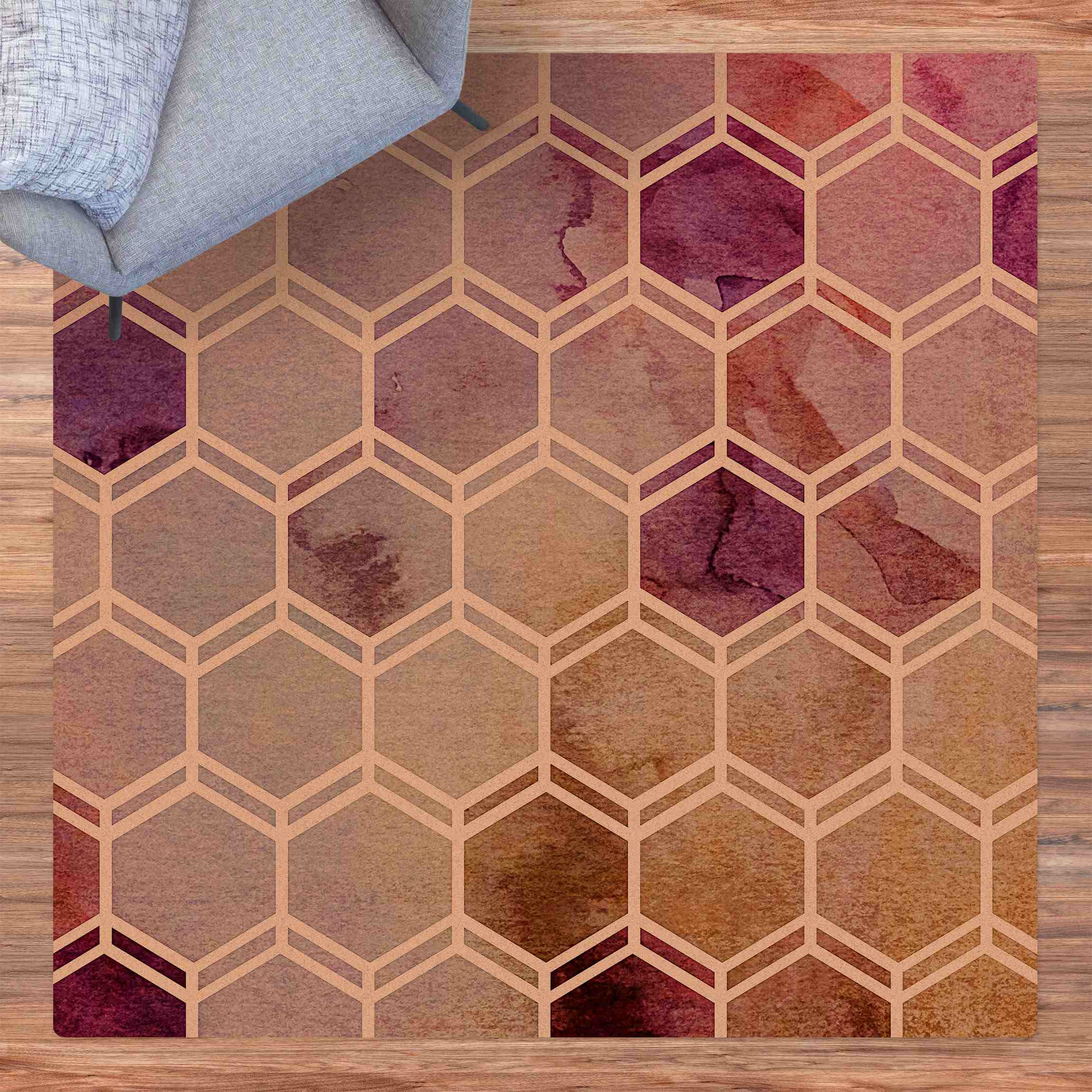 Kork-Teppich Hexagonträume Aquarell in Beere