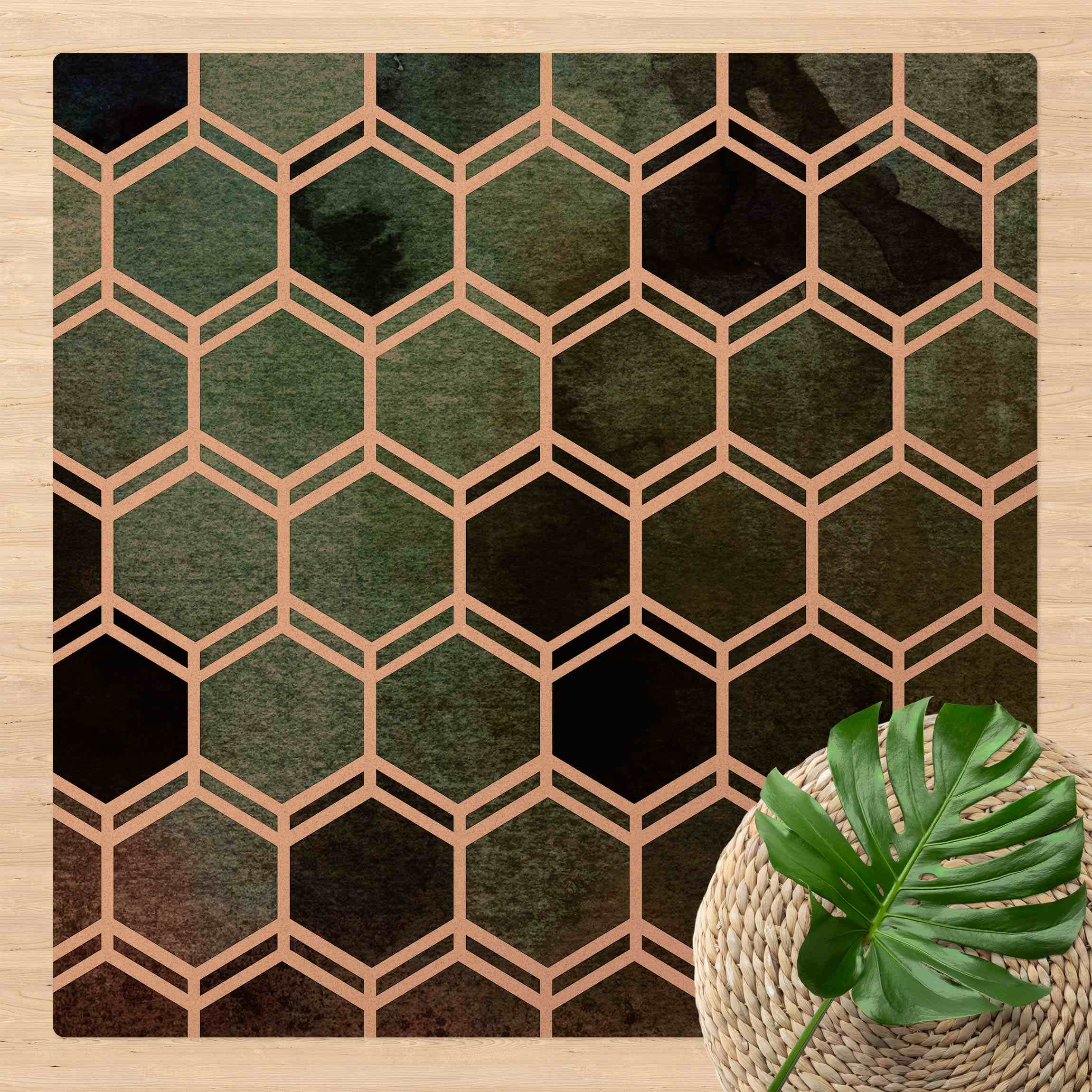 Kork-Teppich Hexagonträume Aquarell in Grün