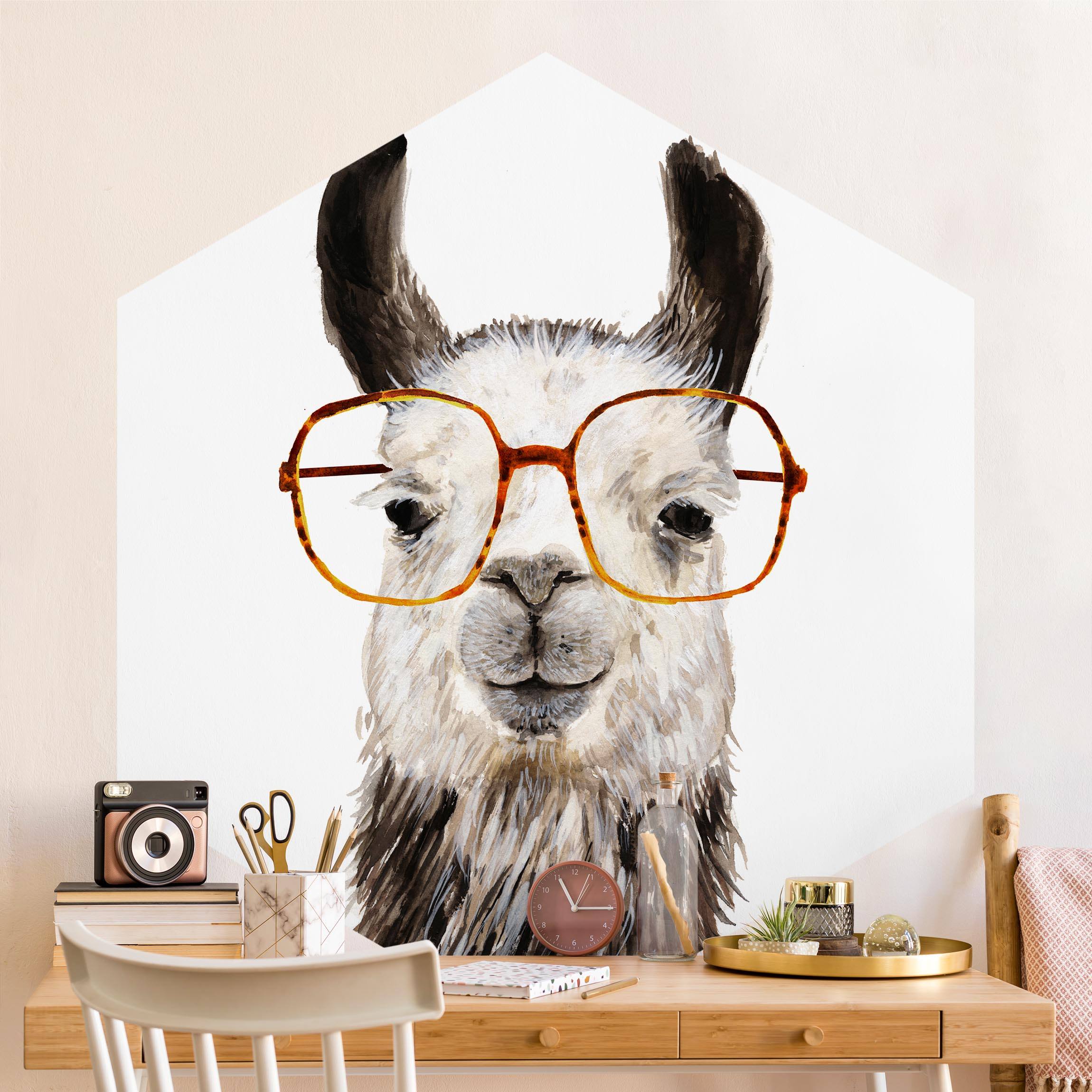 Hexagon Fototapete Hippes Lama mit Brille IV