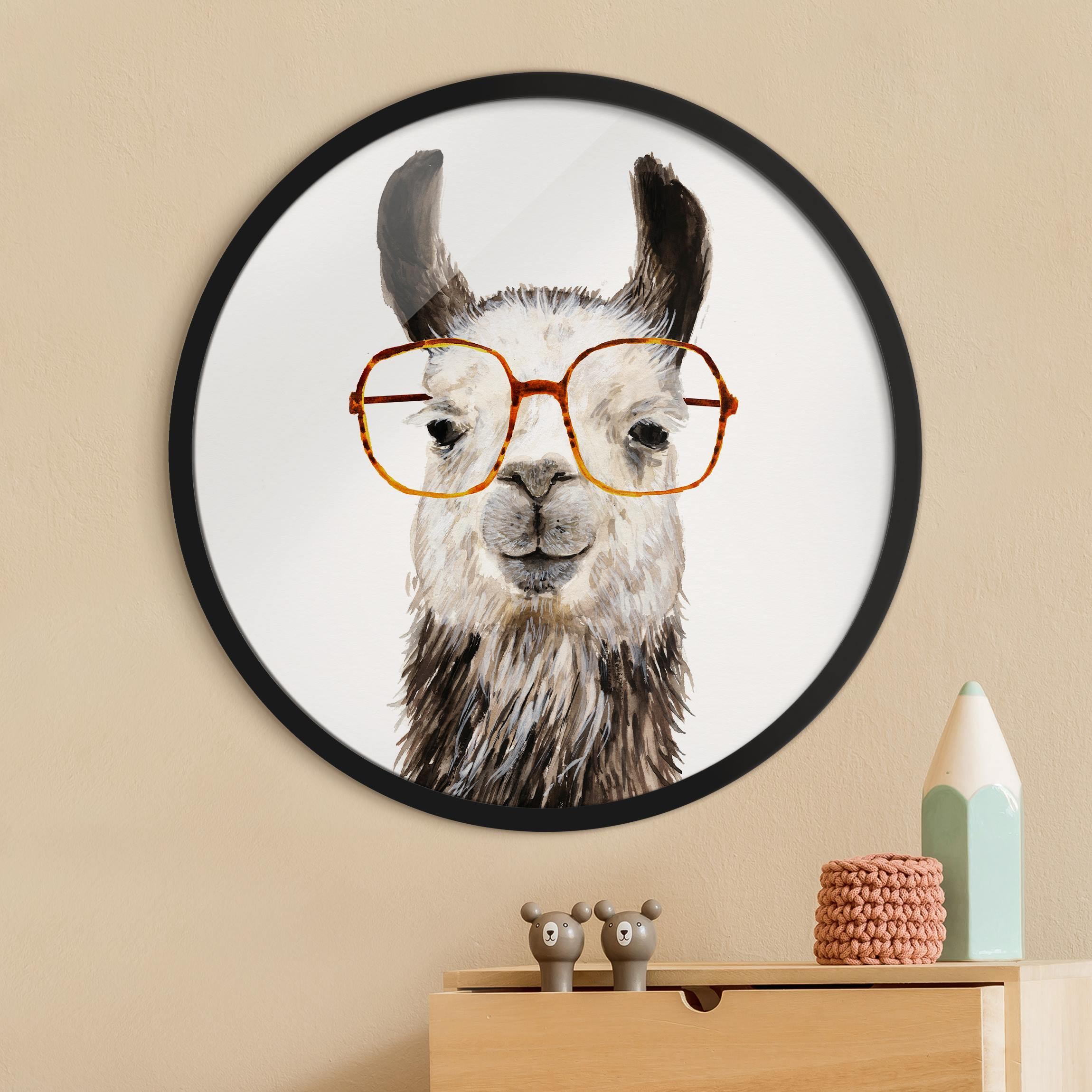 Rundes Gerahmtes Bild Hippes Lama mit Brille IV