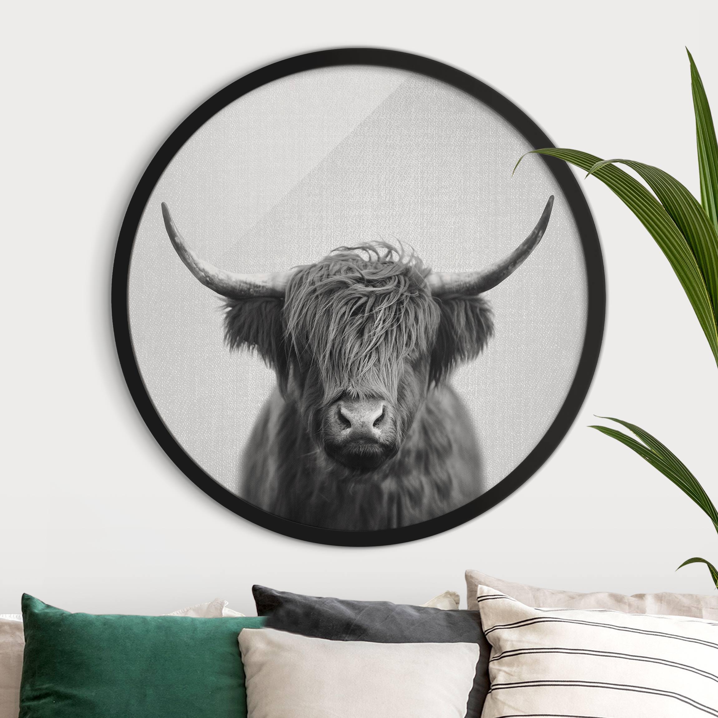 Rundes Bild mit Rahmen Hochlandrind Harry Schwarz Weiß