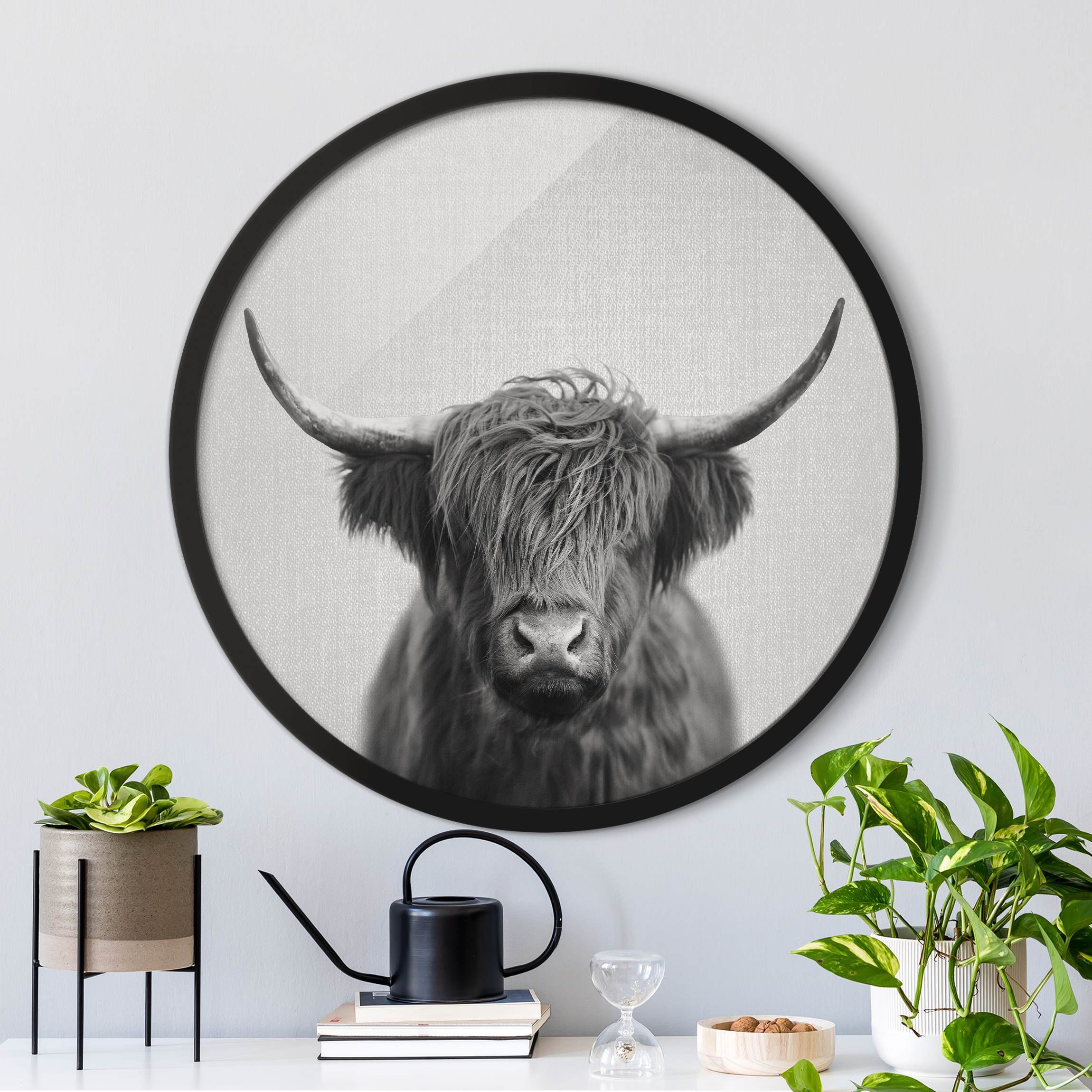 Rundes Gerahmtes Bild Hochlandrind Harry Schwarz Weiß