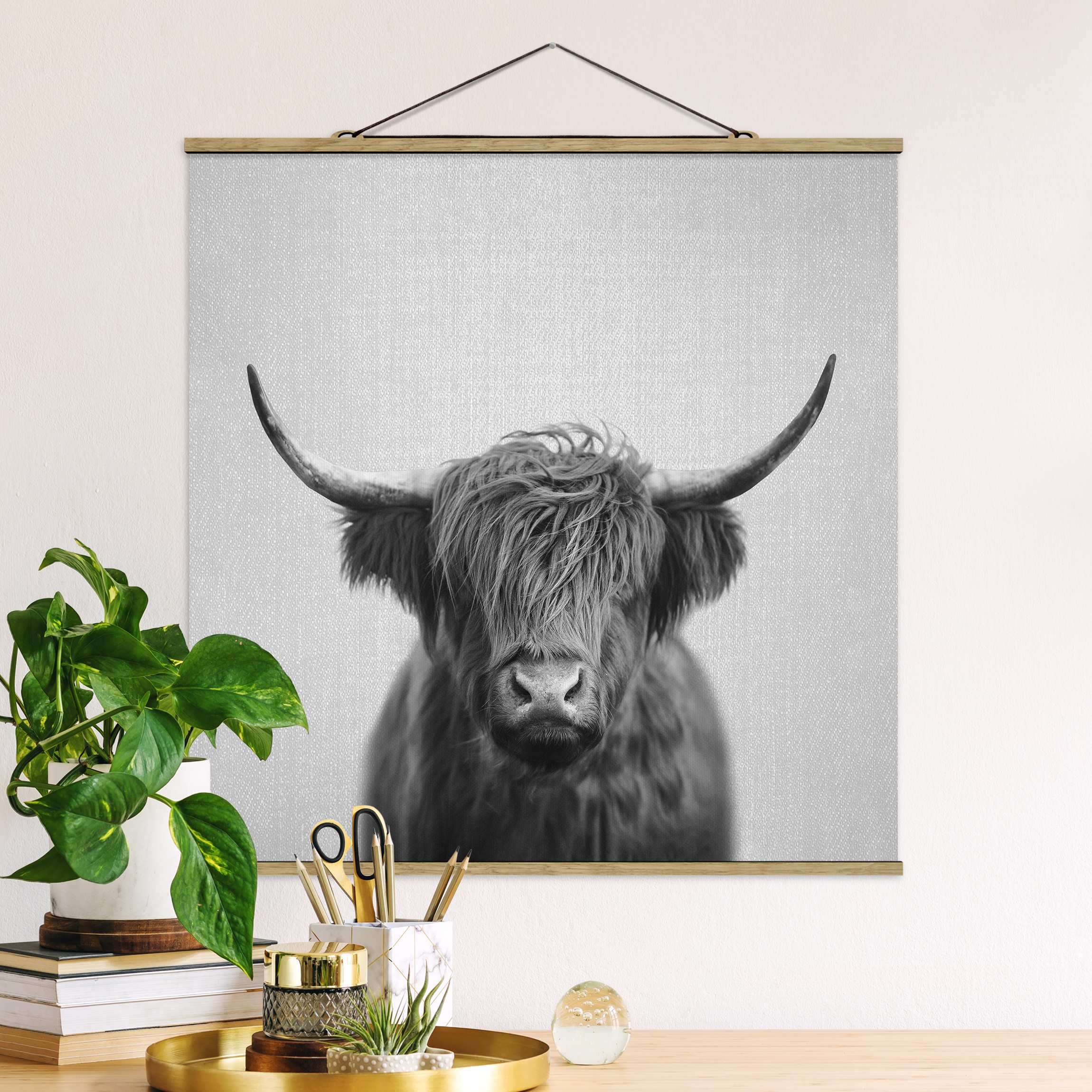 Stoffbild Hochlandrind Harry Schwarz Weiß