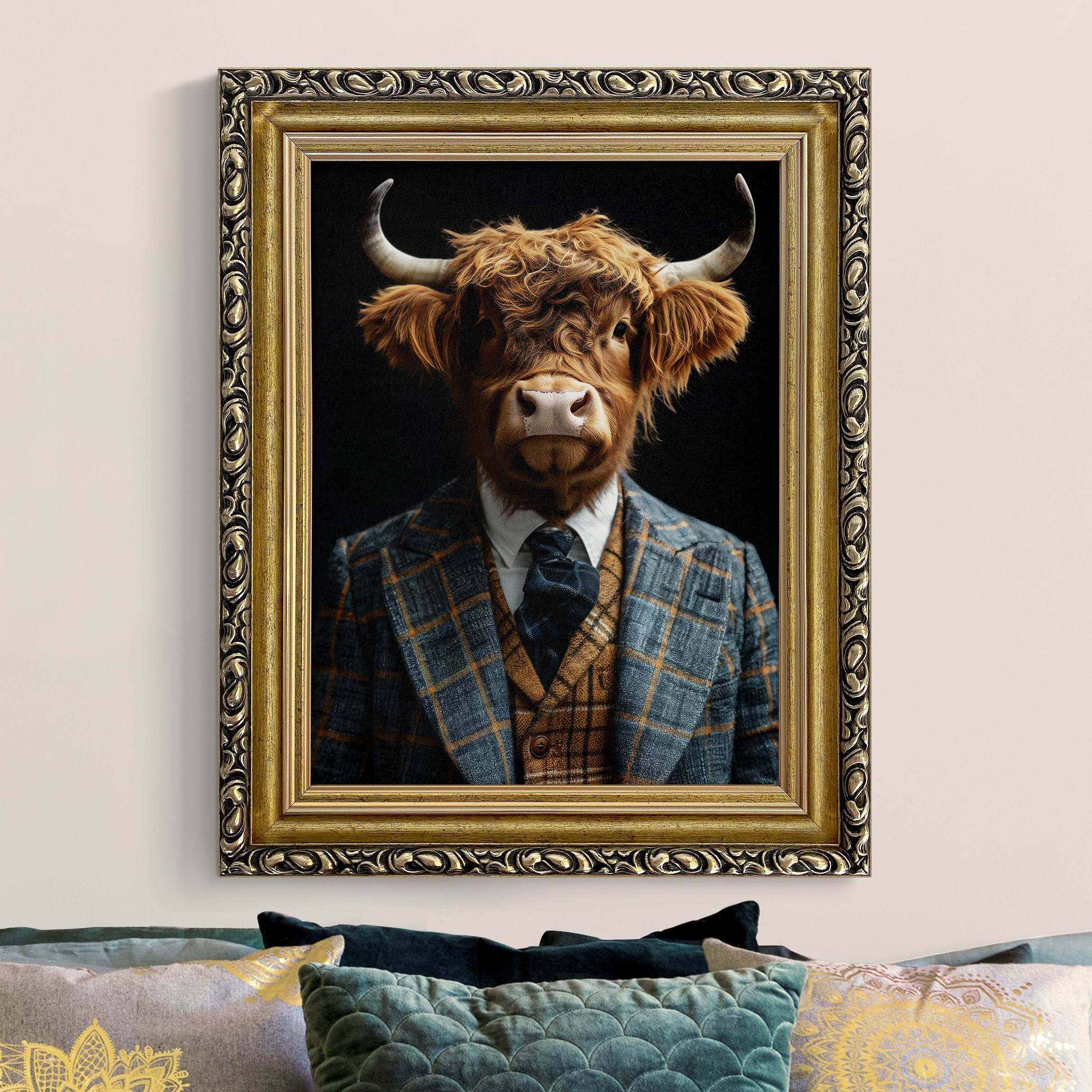 Leinwandbild mit Barockrahmen Hochlandrind im Anzug
